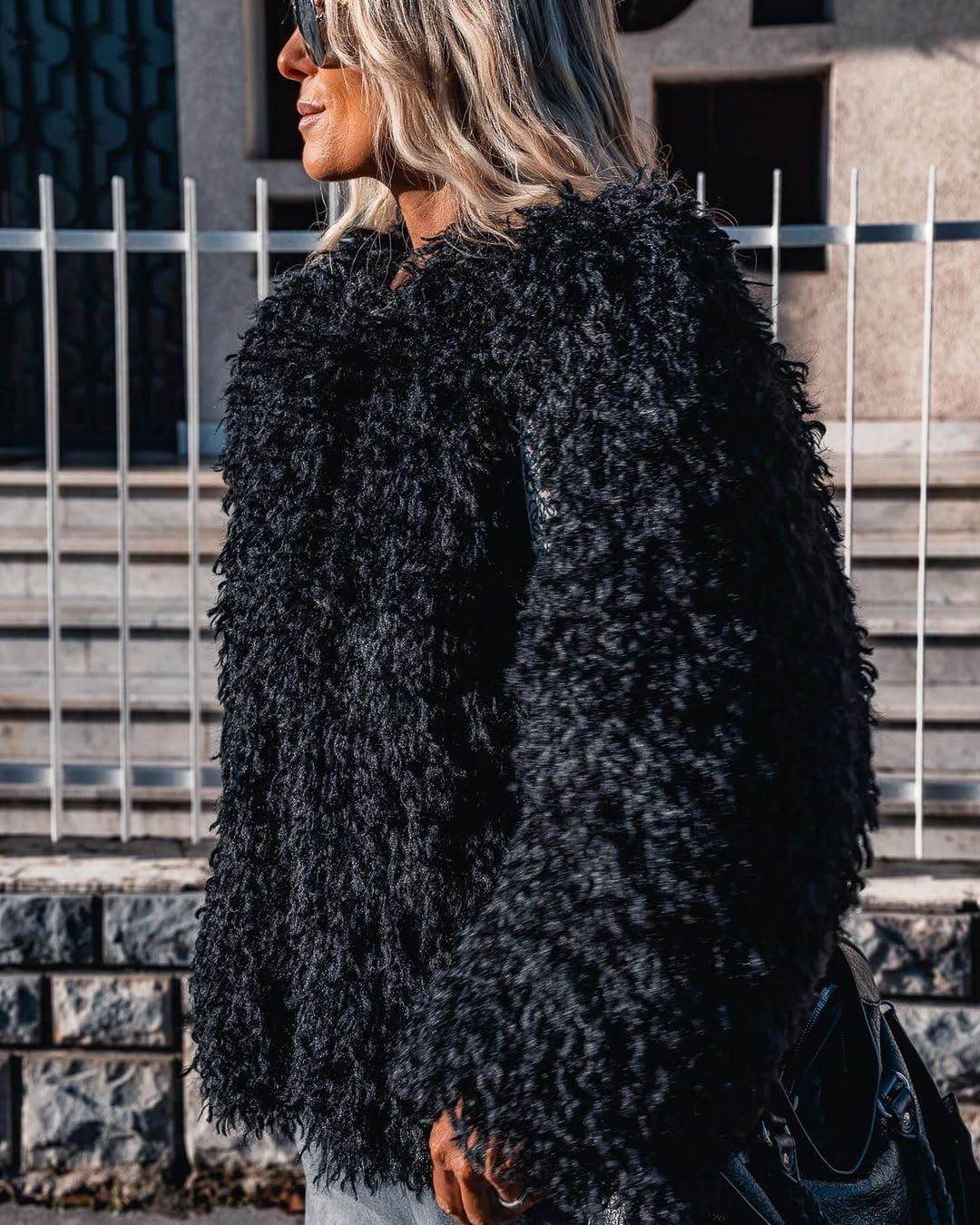 imageAoang Womens 2026 Winter Coats Fleece Cropped Jacket Faux Fur Long Sleeve Shaggy Warm Outerwear Fall ClothesBlack