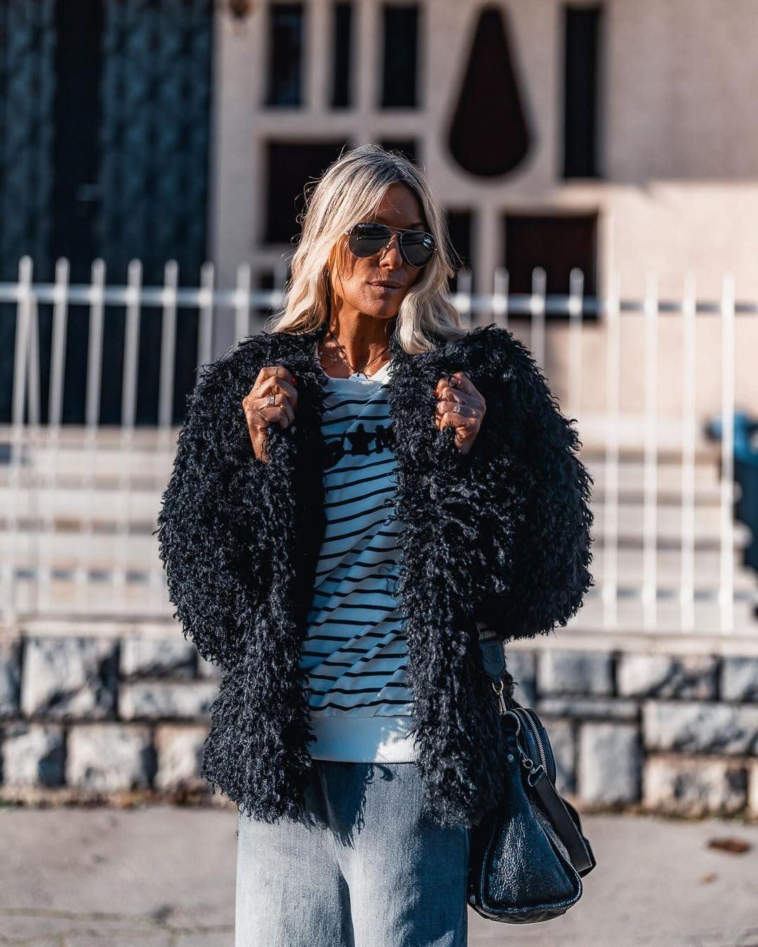 imageAoang Womens 2026 Winter Coats Fleece Cropped Jacket Faux Fur Long Sleeve Shaggy Warm Outerwear Fall ClothesBlack