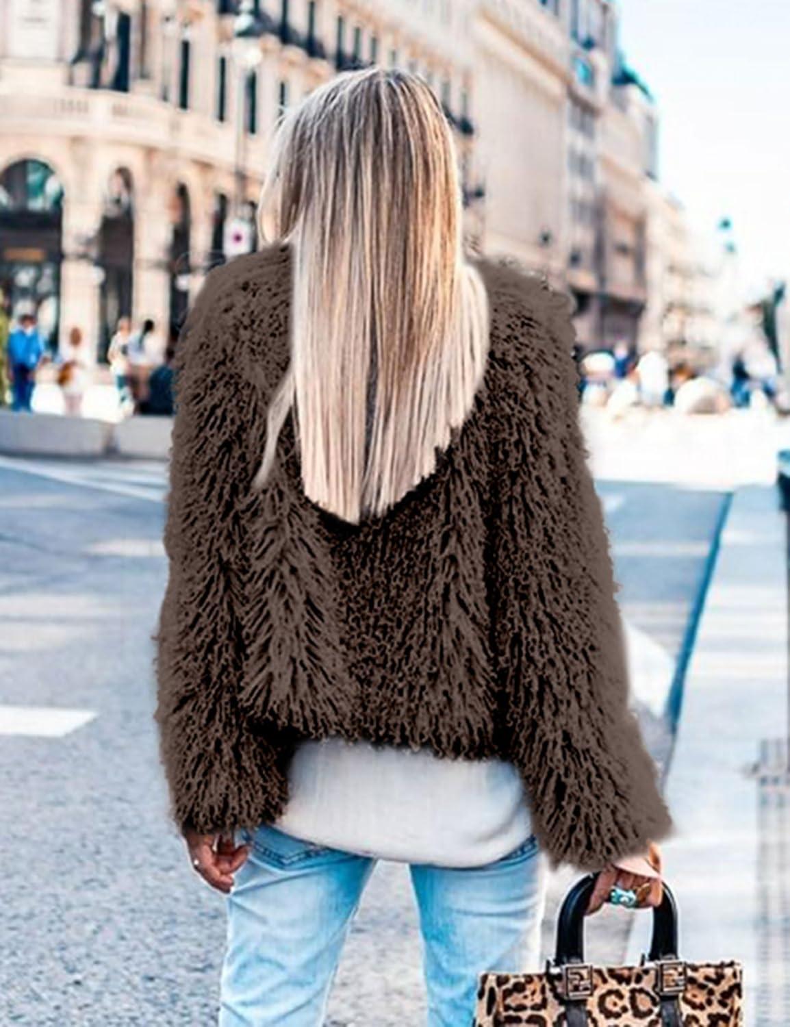 imageAoang Womens 2026 Winter Coats Fleece Cropped Jacket Faux Fur Long Sleeve Shaggy Warm Outerwear Fall ClothesCoffee