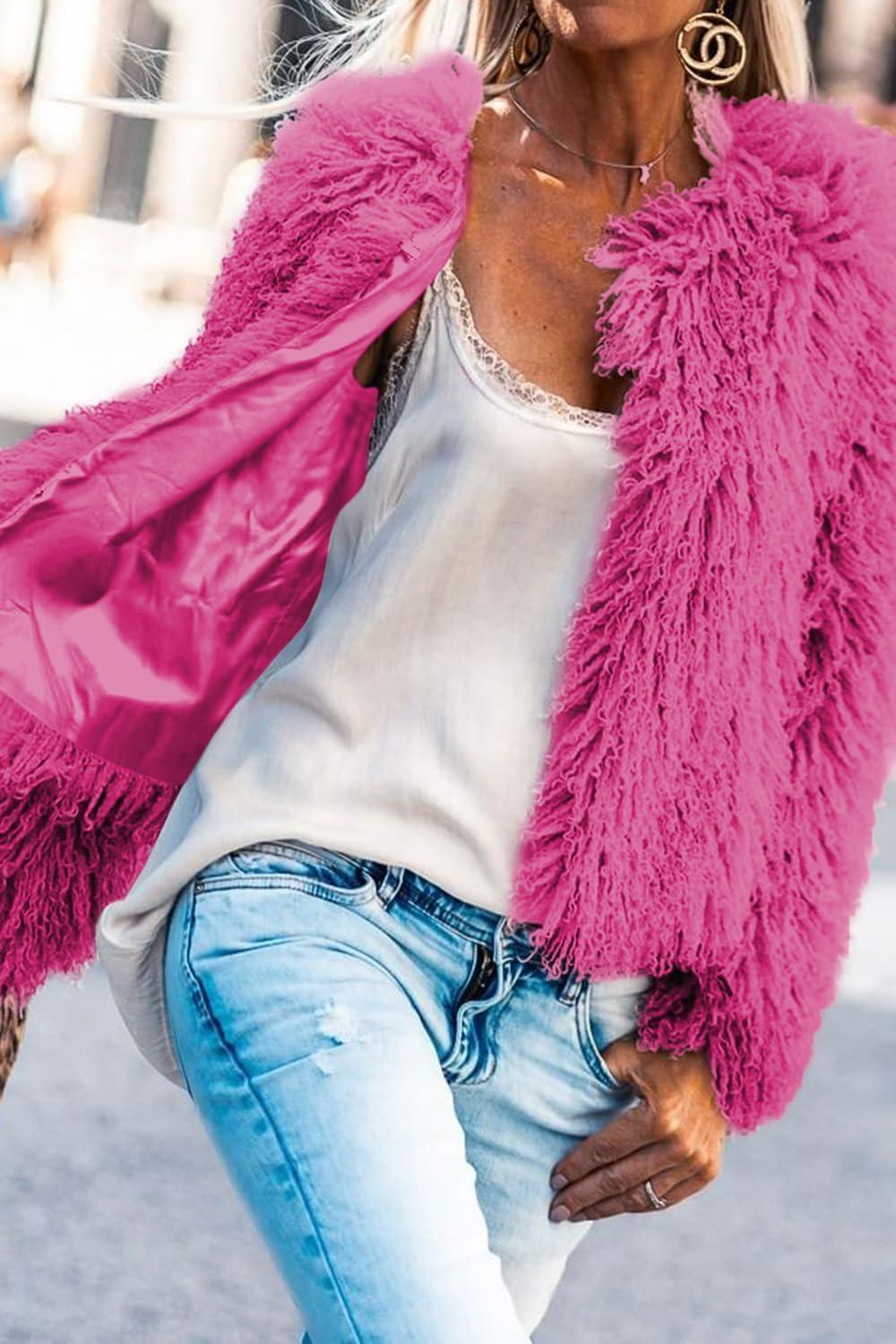 imageAoang Womens 2026 Winter Coats Fleece Cropped Jacket Faux Fur Long Sleeve Shaggy Warm Outerwear Fall ClothesHot Pink