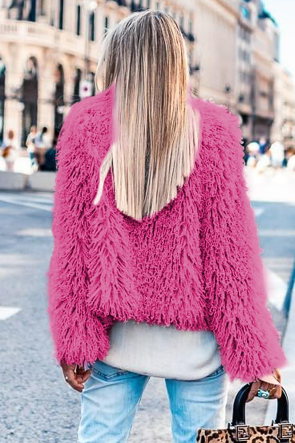 imageAoang Womens 2026 Winter Coats Fleece Cropped Jacket Faux Fur Long Sleeve Shaggy Warm Outerwear Fall ClothesHot Pink