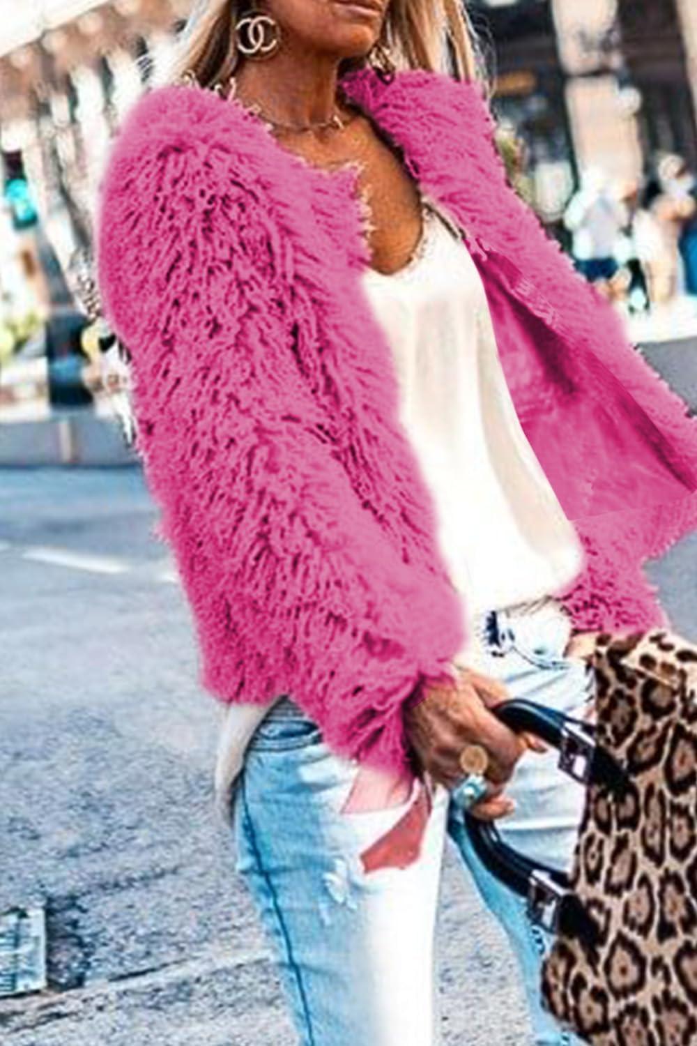 imageAoang Womens 2026 Winter Coats Fleece Cropped Jacket Faux Fur Long Sleeve Shaggy Warm Outerwear Fall ClothesHot Pink