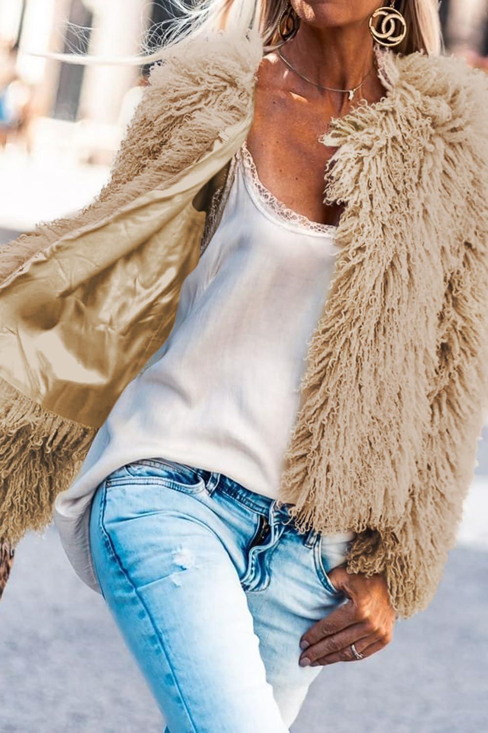 imageAoang Womens 2026 Winter Coats Fleece Cropped Jacket Faux Fur Long Sleeve Shaggy Warm Outerwear Fall ClothesNude