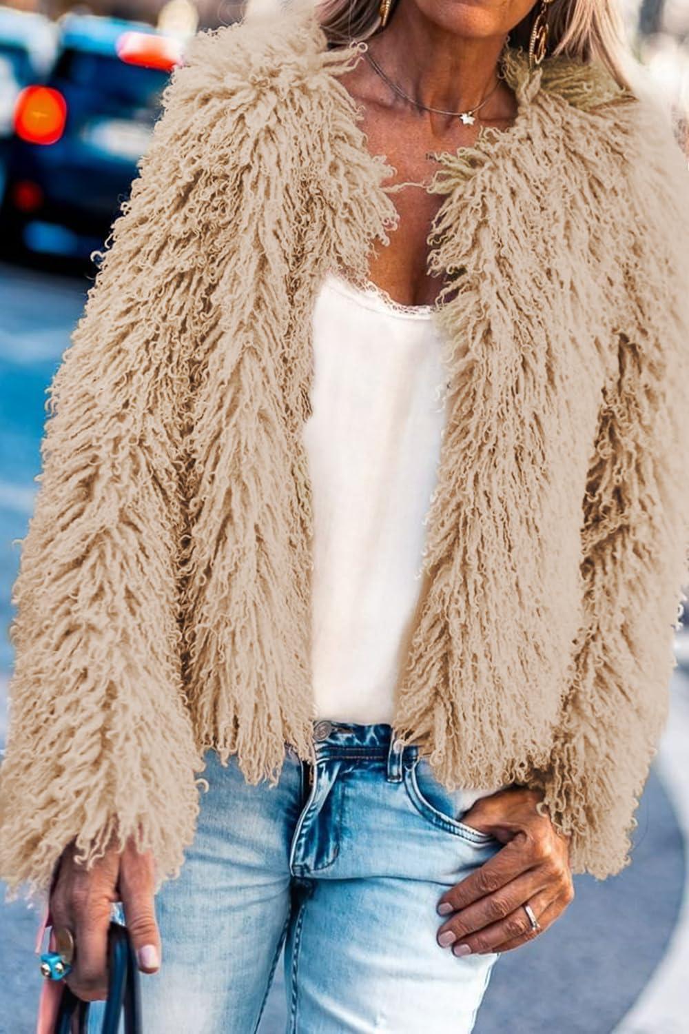 imageAoang Womens 2026 Winter Coats Fleece Cropped Jacket Faux Fur Long Sleeve Shaggy Warm Outerwear Fall ClothesNude