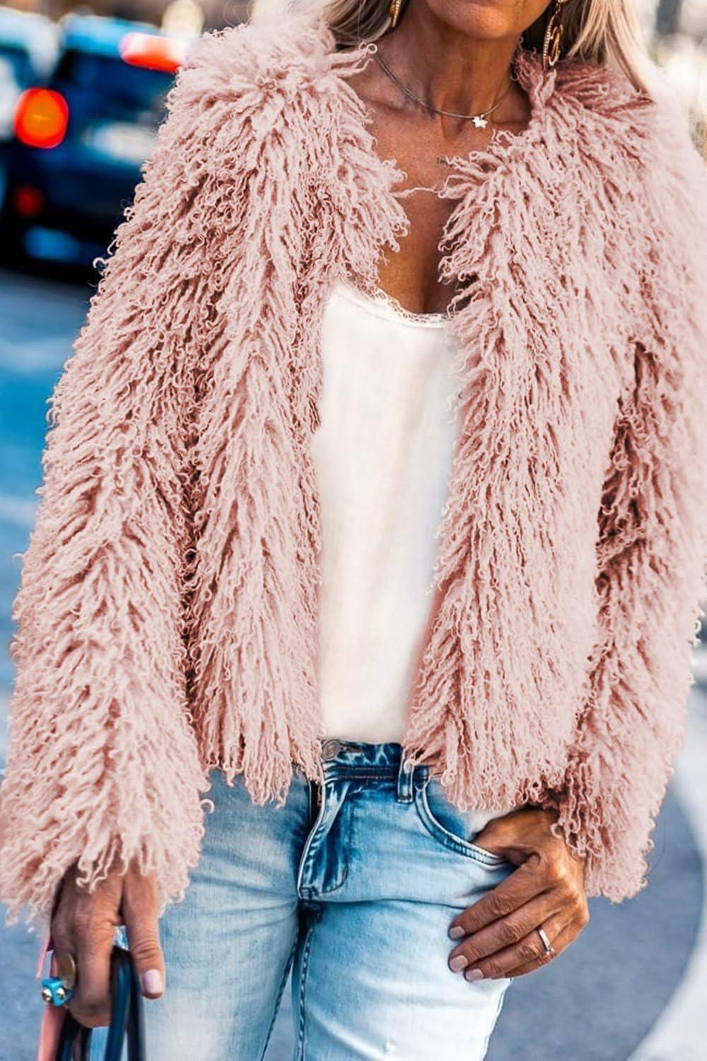 imageAoang Womens 2026 Winter Coats Fleece Cropped Jacket Faux Fur Long Sleeve Shaggy Warm Outerwear Fall ClothesPink