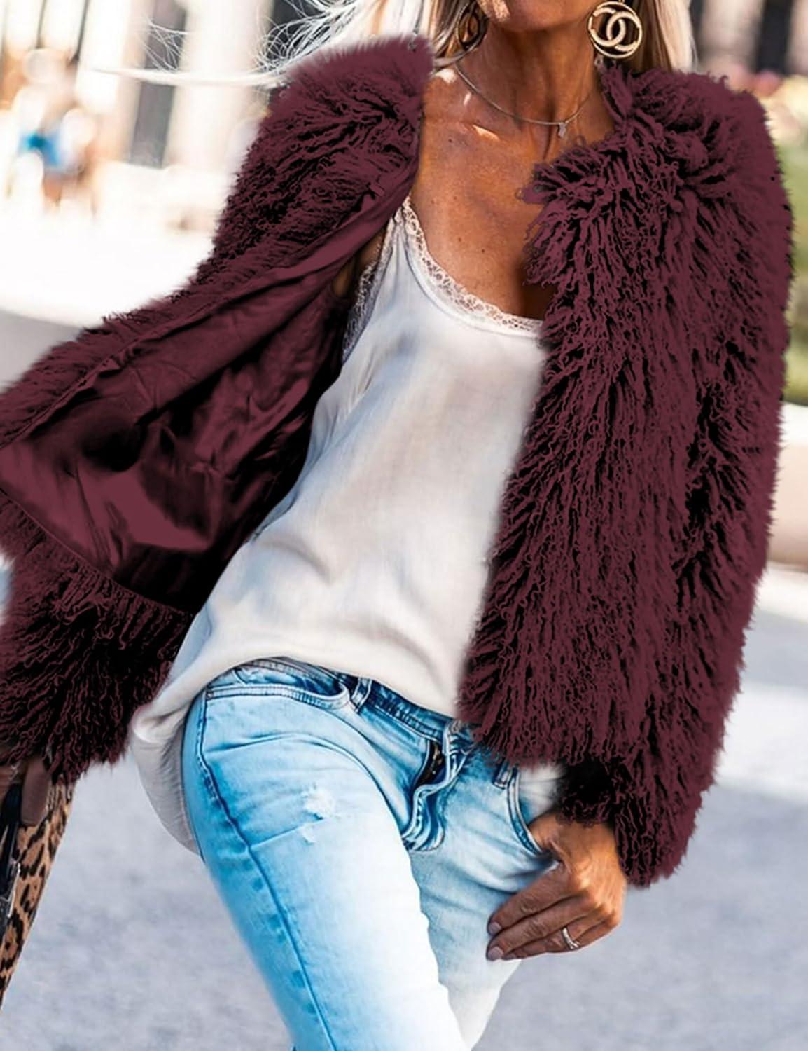 imageAoang Womens 2026 Winter Coats Fleece Cropped Jacket Faux Fur Long Sleeve Shaggy Warm Outerwear Fall ClothesWine Red