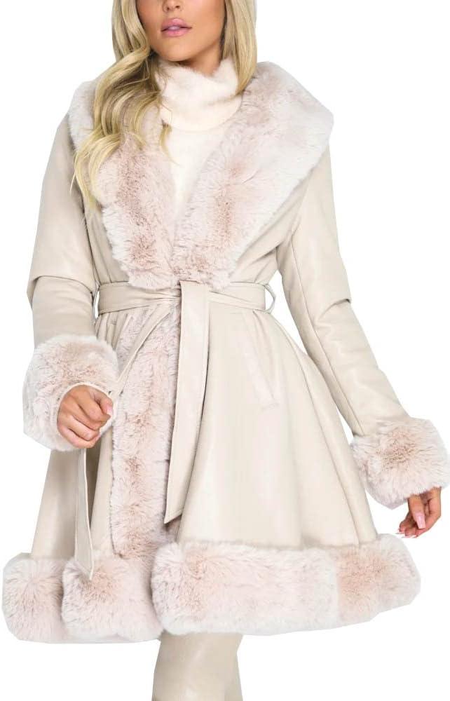 imageAurgelmir Womens Faux Leather Jacket Coat ShortLong Parka Coat with Fur Collar OutwearBeigelong