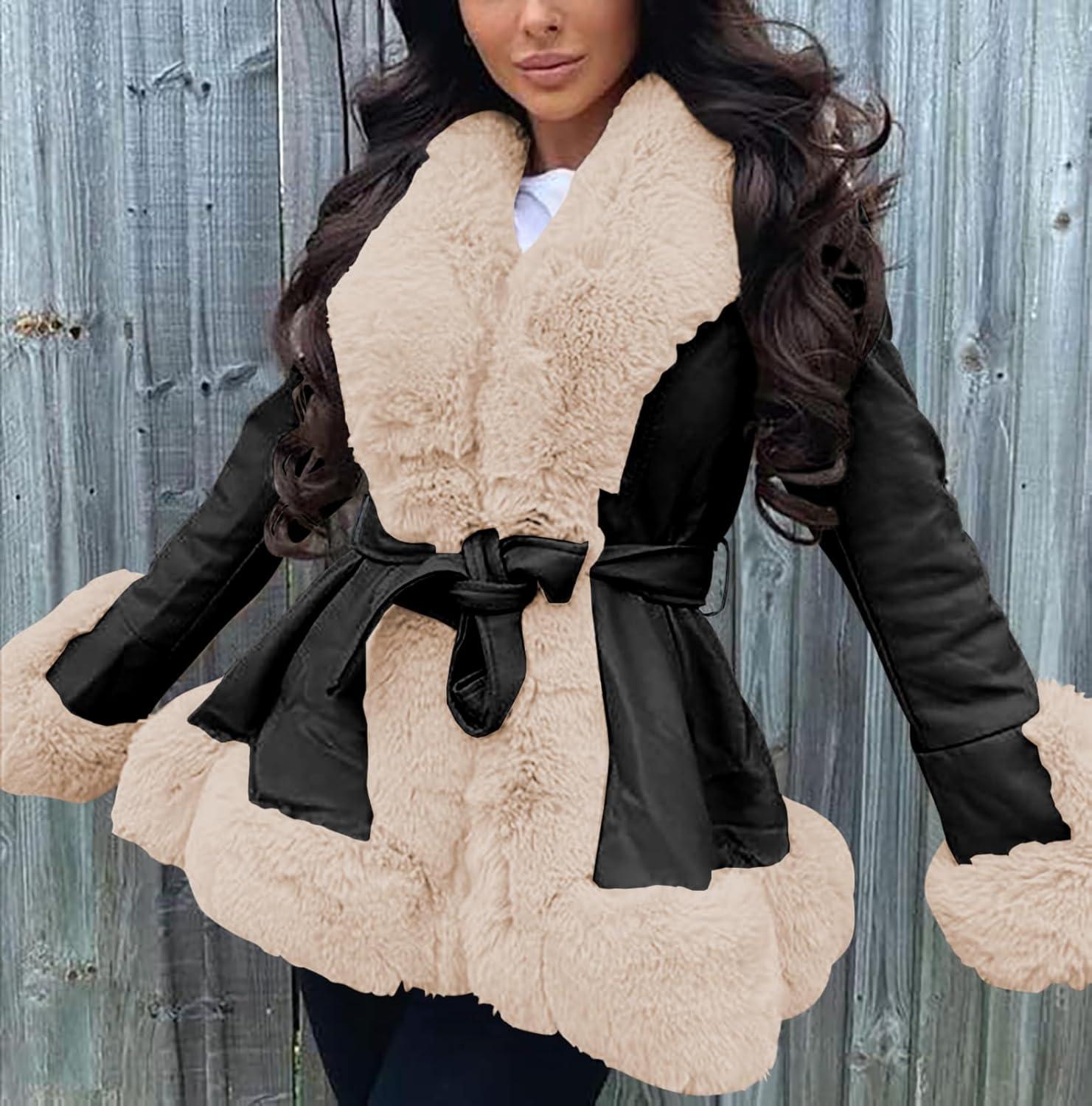 imageAurgelmir Womens Faux Leather Jacket Coat ShortLong Parka Coat with Fur Collar OutwearBlack and Khaki