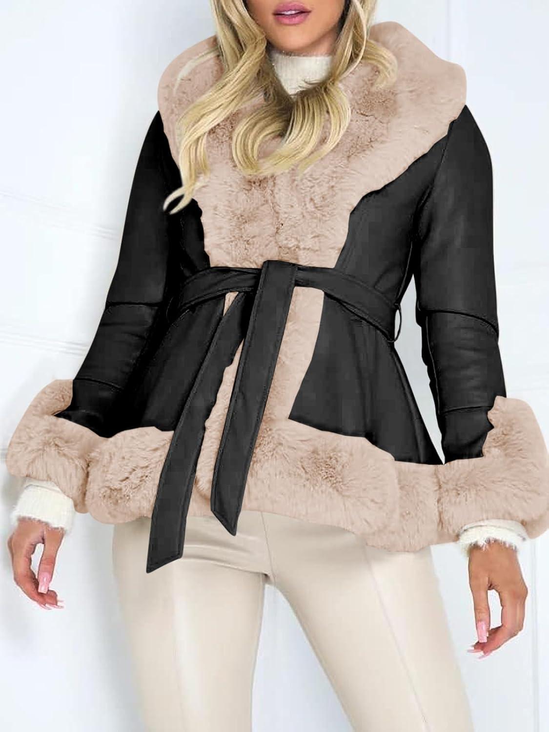imageAurgelmir Womens Faux Leather Jacket Coat ShortLong Parka Coat with Fur Collar OutwearBlack and Khaki