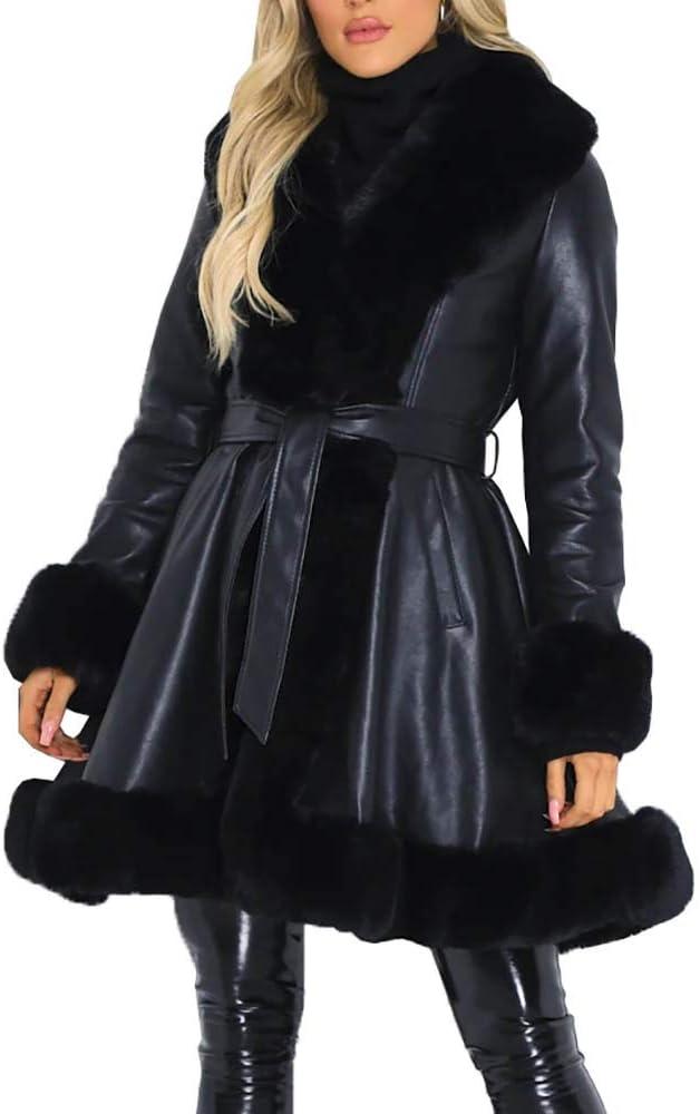 imageAurgelmir Womens Faux Leather Jacket Coat ShortLong Parka Coat with Fur Collar OutwearBlacklong