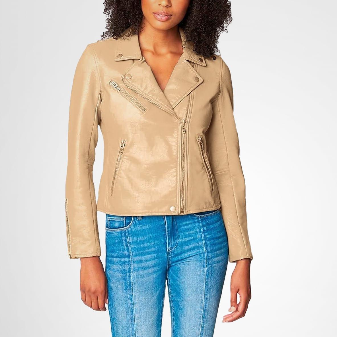 imageBLANKNYC Womens Luxury Clothing Semi Fitted Vegan Leather Motorcycle JacketNatural Light