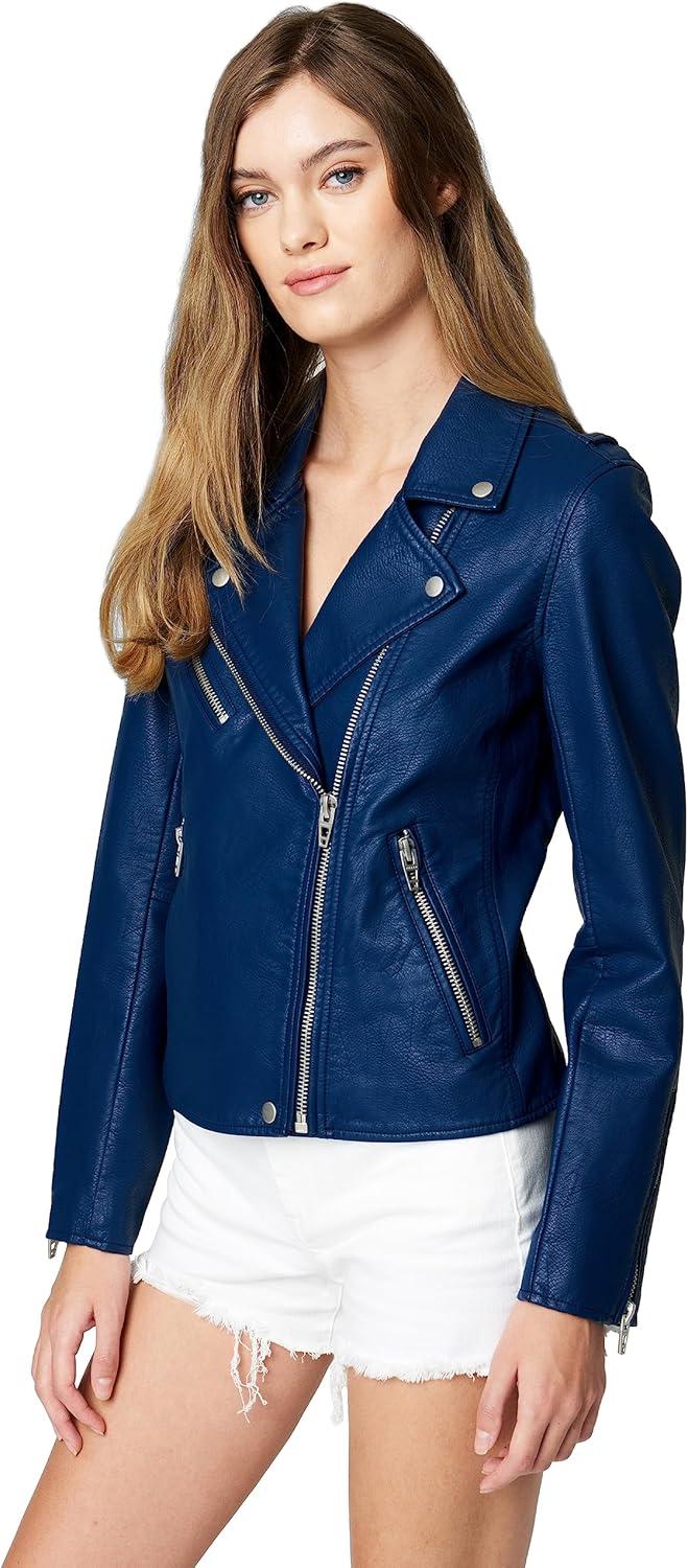 imageBLANKNYC Womens Luxury Clothing Semi Fitted Vegan Leather Motorcycle JacketNavy