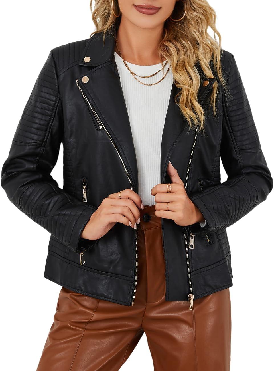 imageBellivera Womens Faux Leather Casual Jacket 2025 Spring Trendy Motorcycle Outfits Lightweight Classic CoatBlack