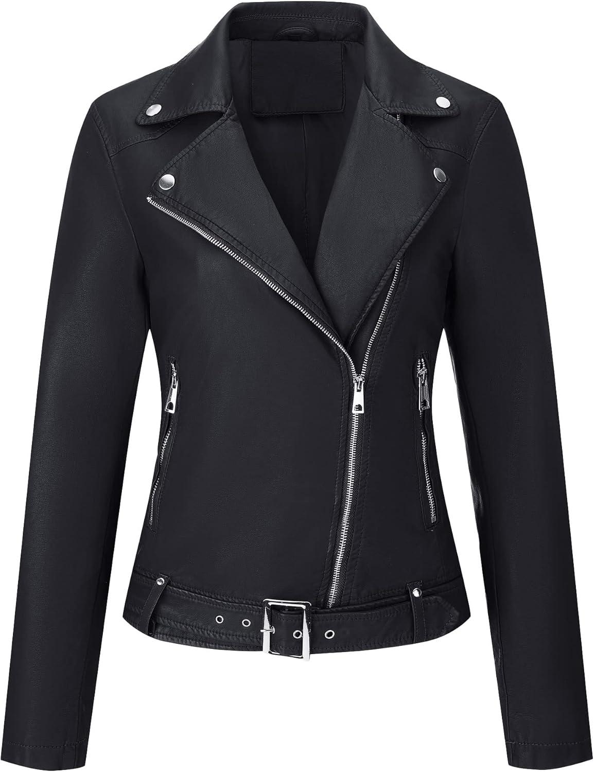 imageBellivera Womens Faux Leather Casual Jacket 2025 Spring Trendy Motorcycle Outfits Lightweight Classic CoatBlack With Belt