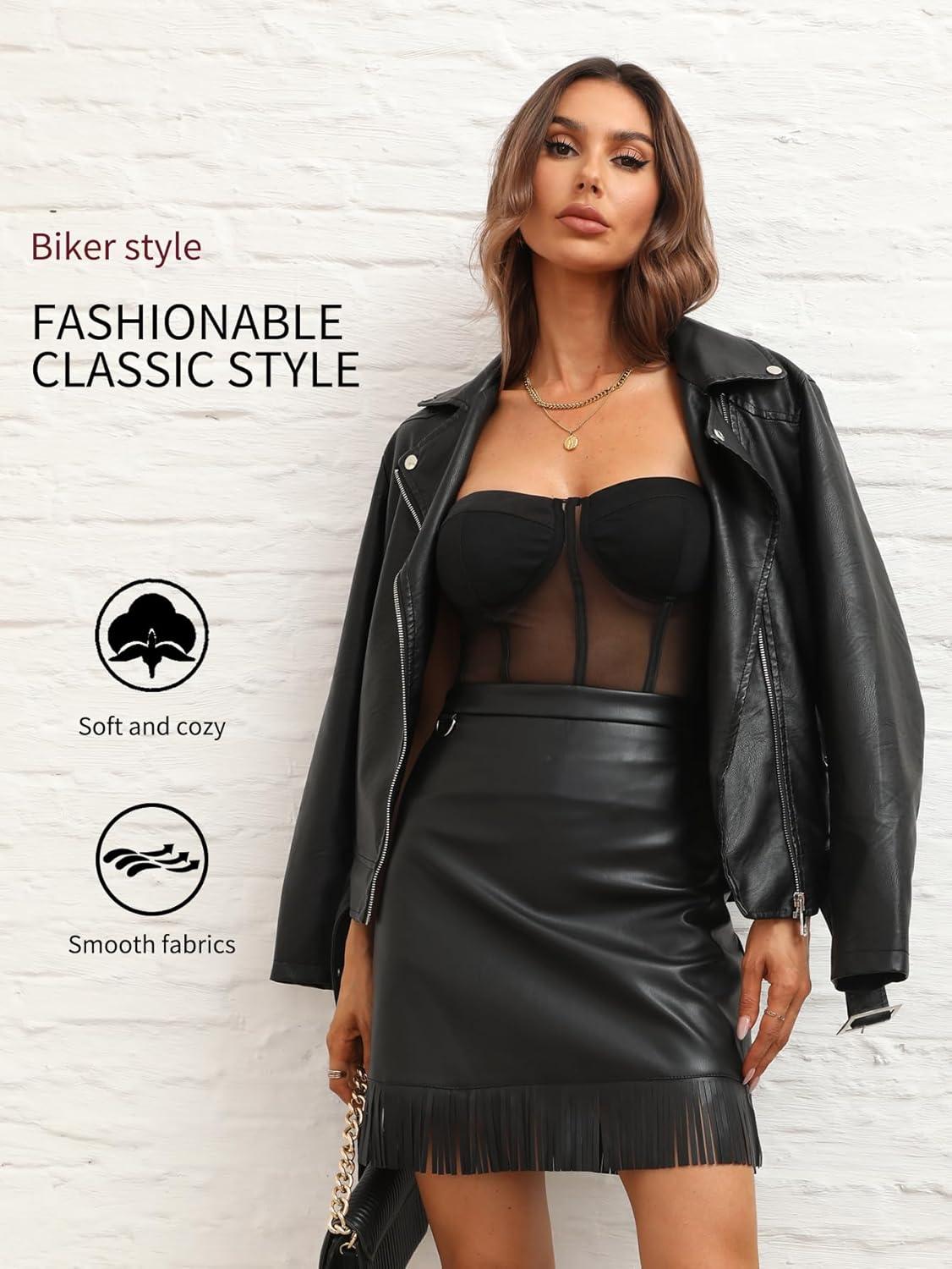 imageBellivera Womens Faux Leather Casual Jacket 2025 Spring Trendy Motorcycle Outfits Lightweight Classic CoatBlack With Belt