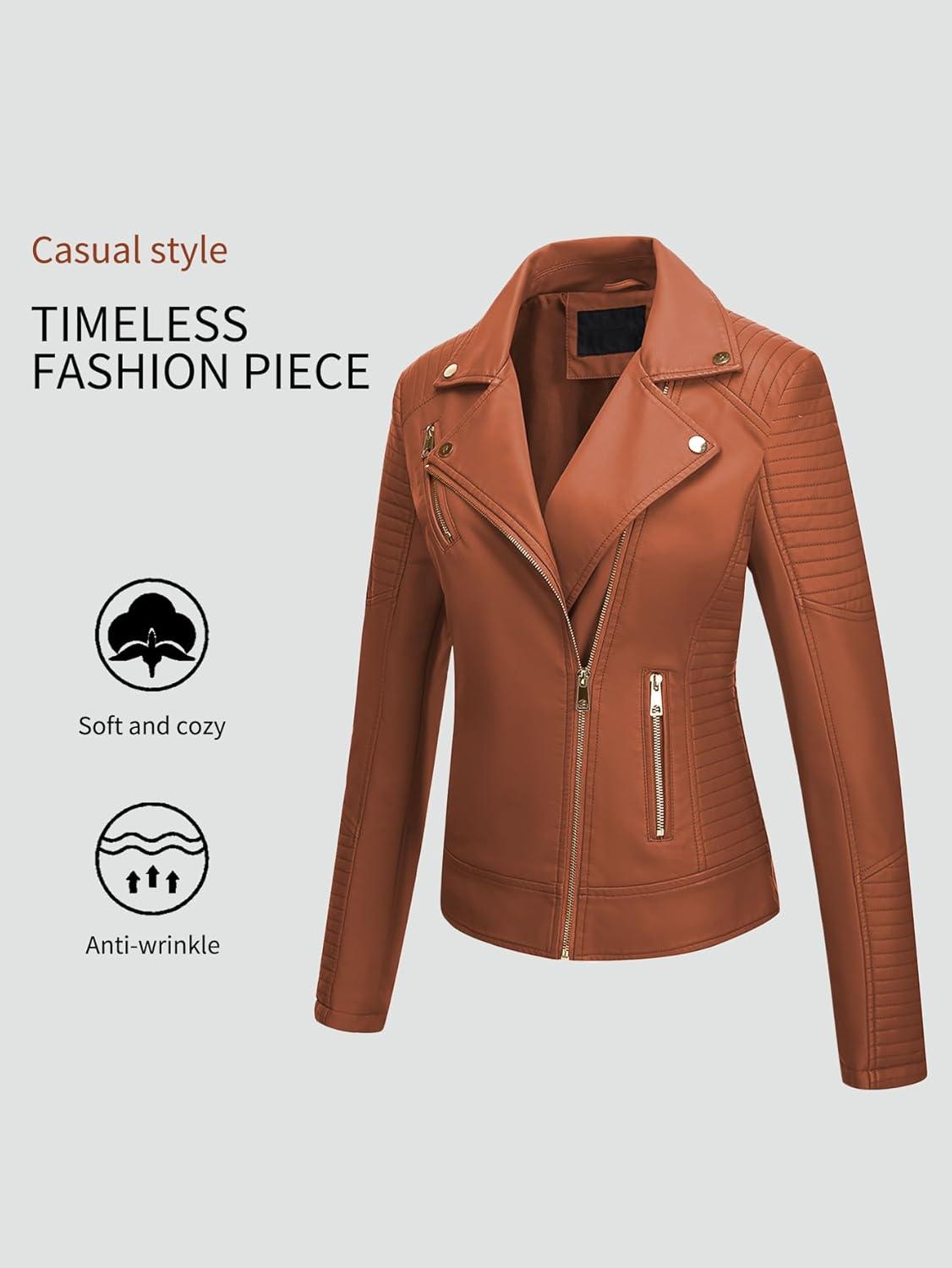 imageBellivera Womens Faux Leather Casual Jacket 2025 Spring Trendy Motorcycle Outfits Lightweight Classic CoatBrown