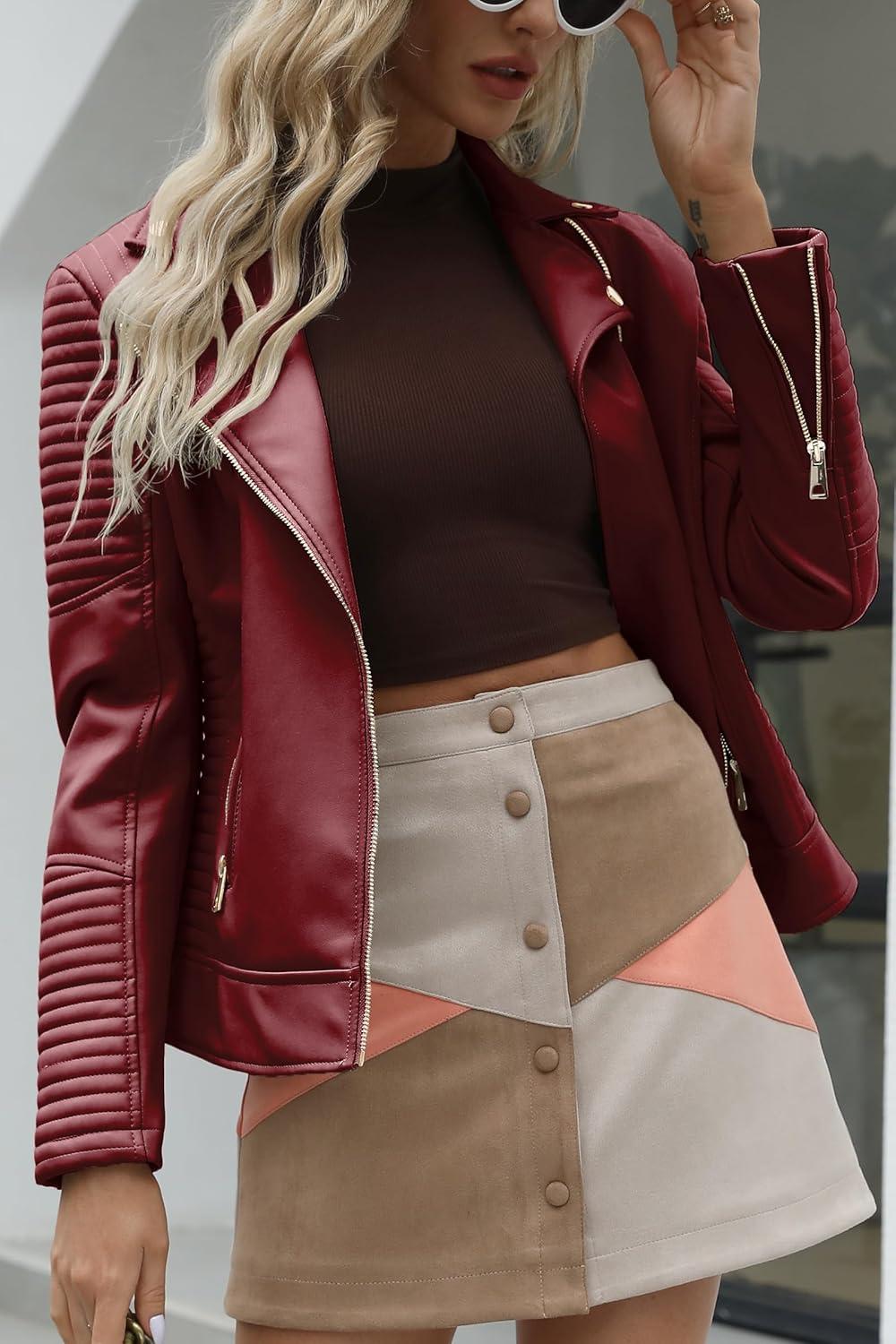 imageBellivera Womens Faux Leather Casual Jacket 2025 Spring Trendy Motorcycle Outfits Lightweight Classic CoatRed