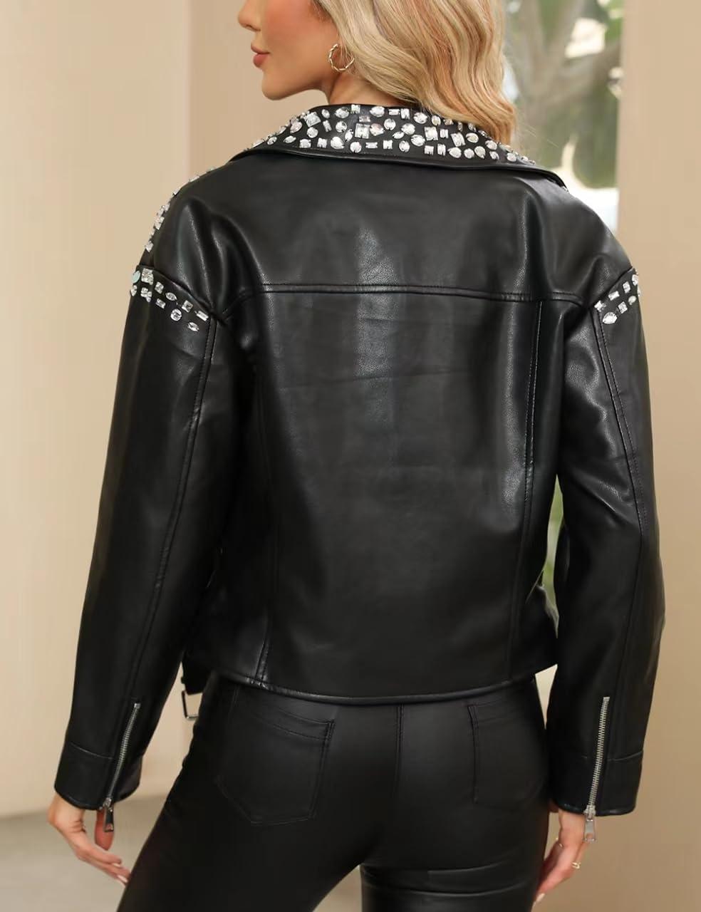 imageBellivera Womens Faux Leather Jacket Studded Rivet Casual Short Moto Biker Stand Collar CoatBlack Leather Jacket