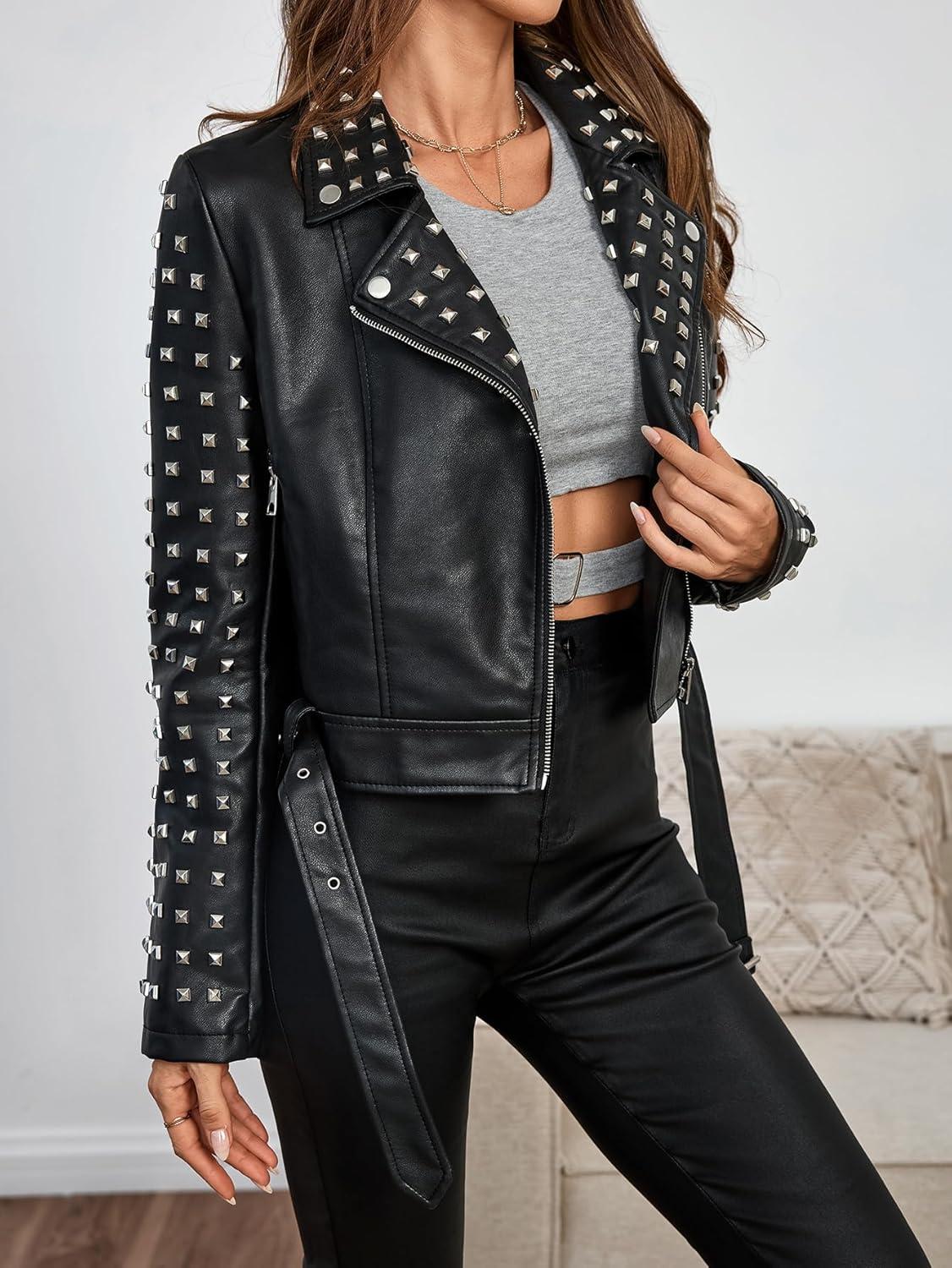 imageBellivera Womens Faux Leather Jacket Studded Rivet Casual Short Moto Biker Stand Collar CoatBlack Studded Jacket