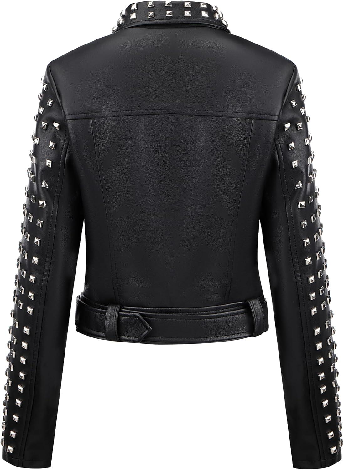 imageBellivera Womens Faux Leather Jacket Studded Rivet Casual Short Moto Biker Stand Collar CoatBlack Studded Jacket