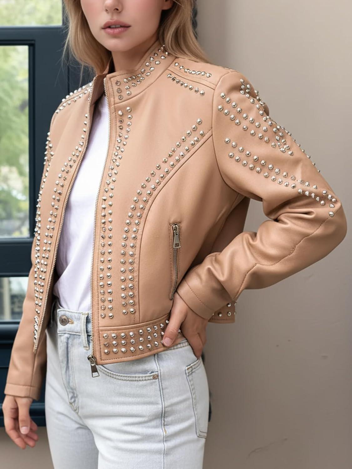 imageBellivera Womens Faux Leather Jacket Studded Rivet Casual Short Moto Biker Stand Collar CoatStand Collar Khaki