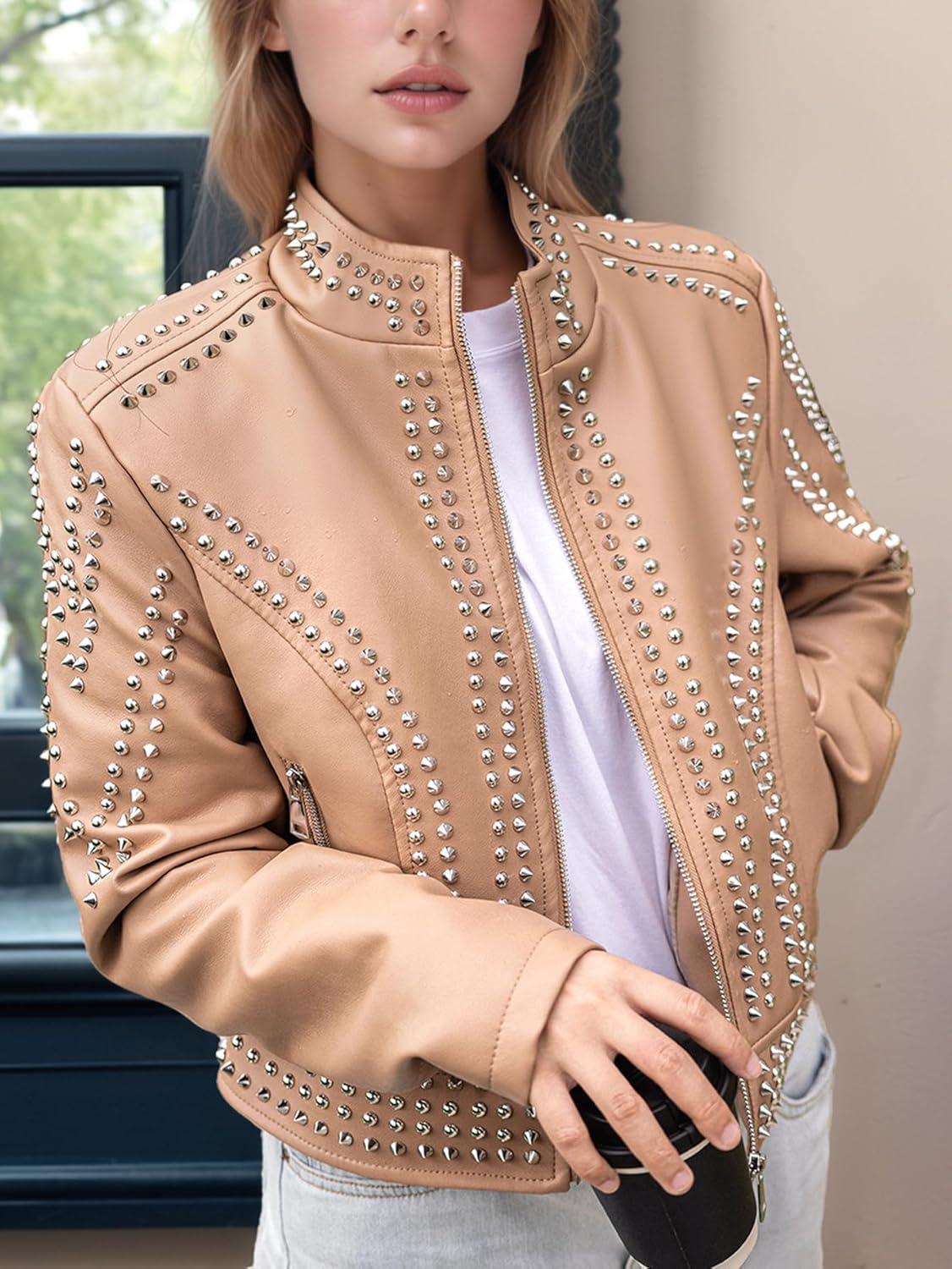 imageBellivera Womens Faux Leather Jacket Studded Rivet Casual Short Moto Biker Stand Collar CoatStand Collar Khaki