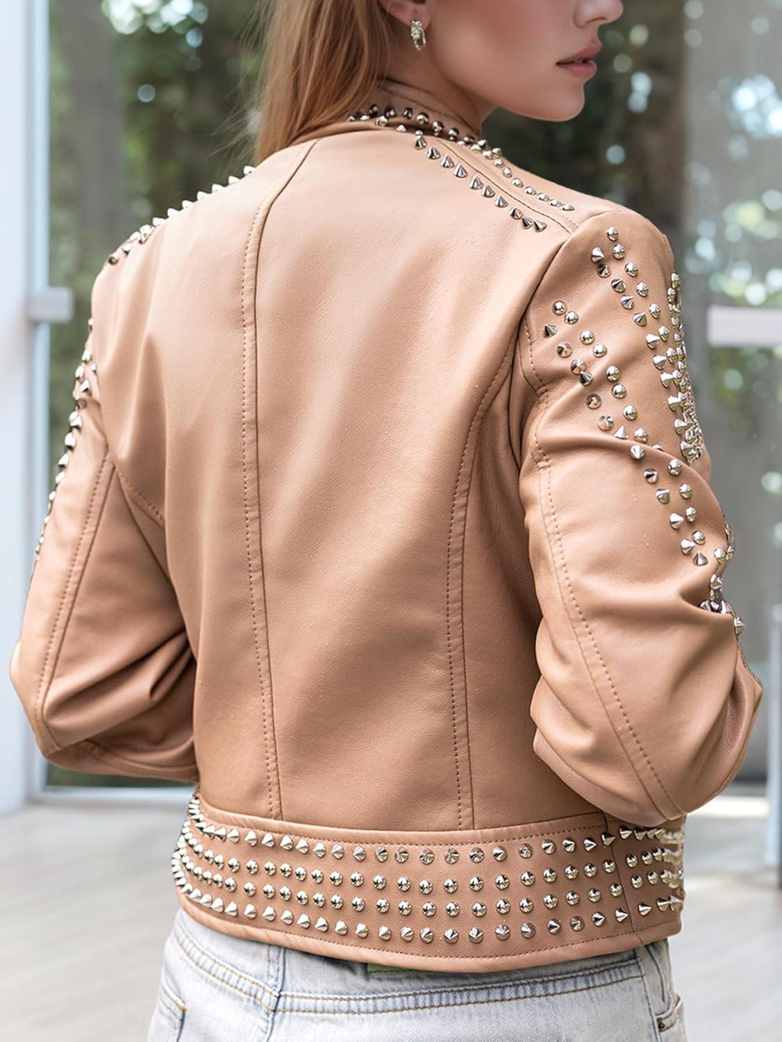 imageBellivera Womens Faux Leather Jacket Studded Rivet Casual Short Moto Biker Stand Collar CoatStand Collar Khaki
