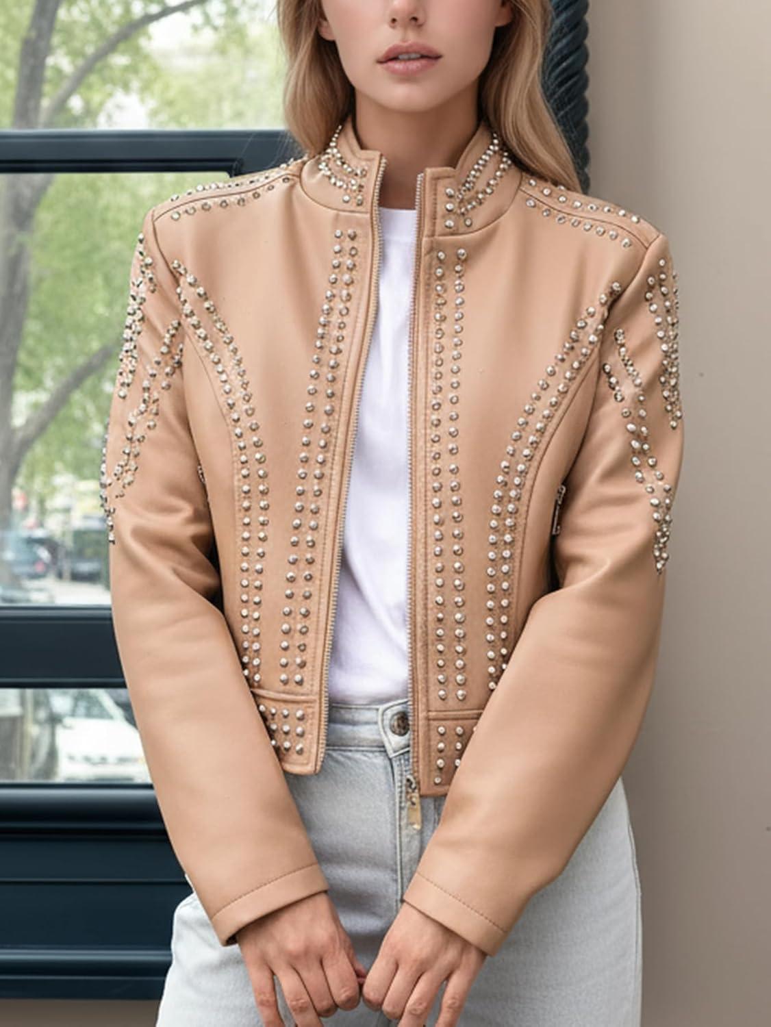 imageBellivera Womens Faux Leather Jacket Studded Rivet Casual Short Moto Biker Stand Collar CoatStand Collar Khaki