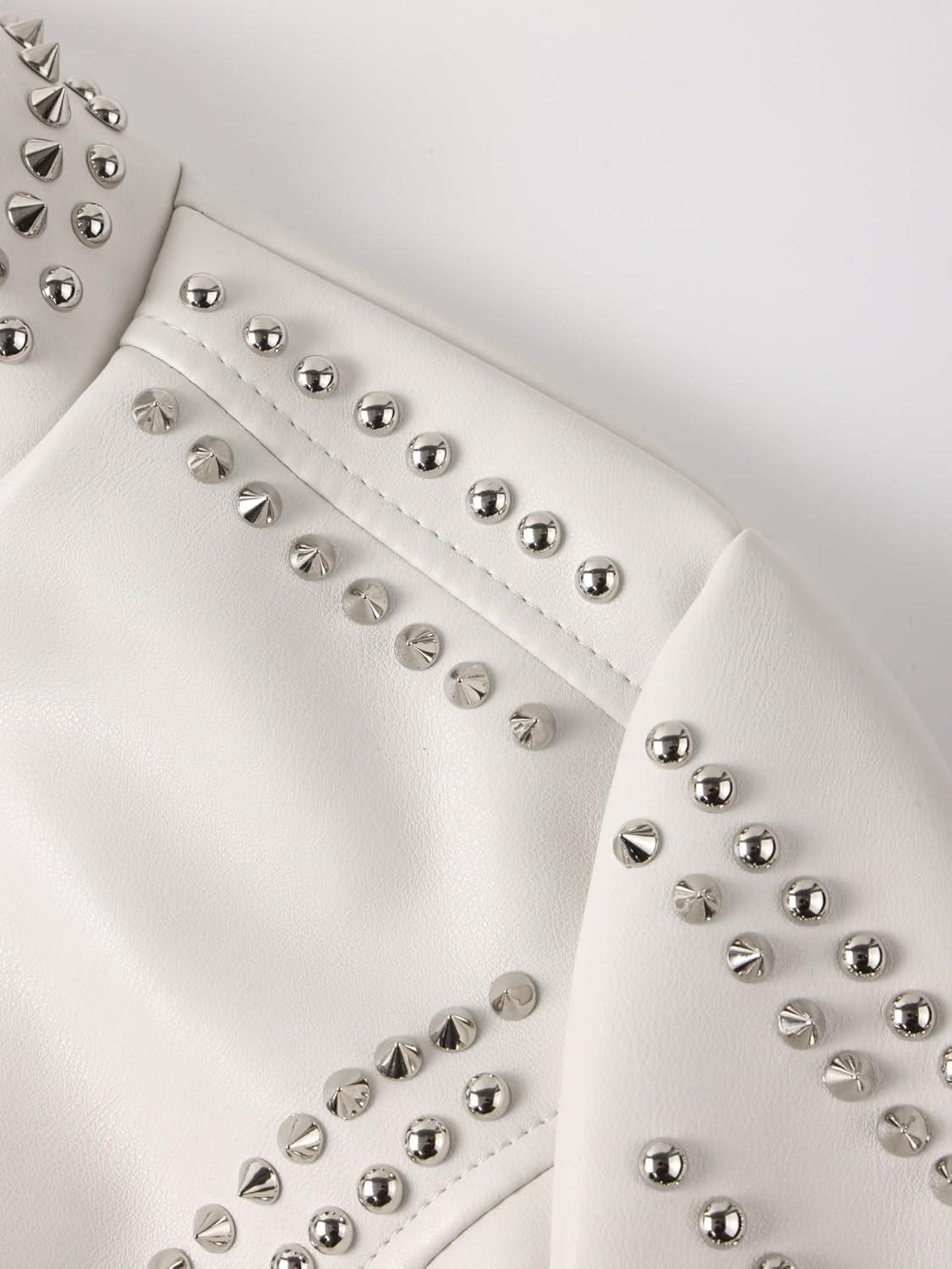 imageBellivera Womens Faux Leather Jacket Studded Rivet Casual Short Moto Biker Stand Collar CoatStand Collar White