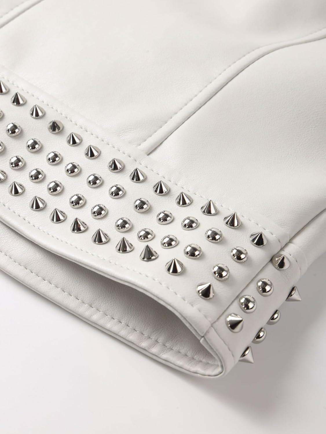 imageBellivera Womens Faux Leather Jacket Studded Rivet Casual Short Moto Biker Stand Collar CoatStand Collar White