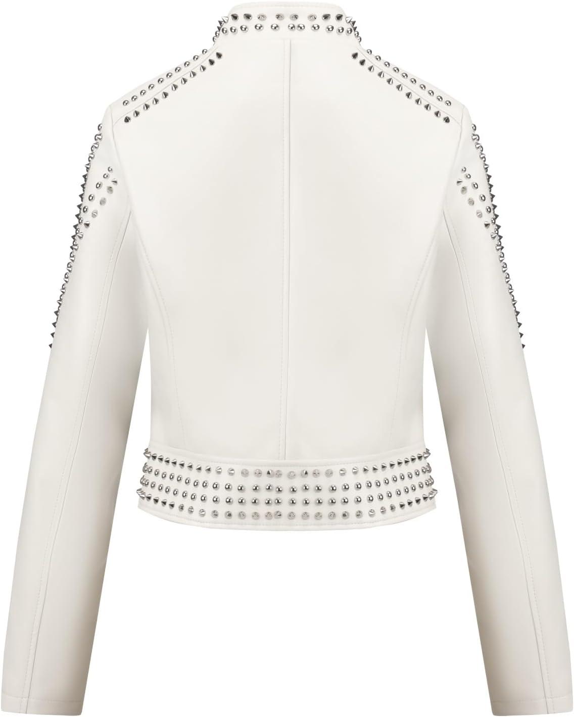 imageBellivera Womens Faux Leather Jacket Studded Rivet Casual Short Moto Biker Stand Collar CoatStand Collar White