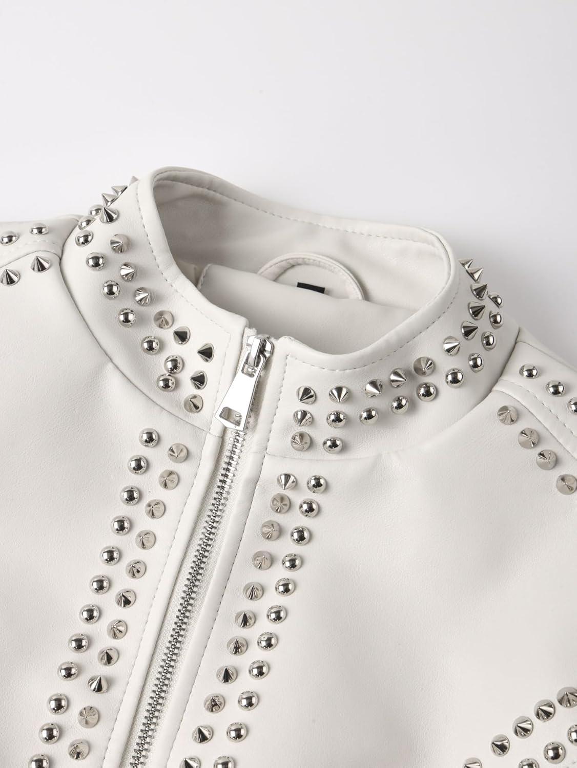 imageBellivera Womens Faux Leather Jacket Studded Rivet Casual Short Moto Biker Stand Collar CoatStand Collar White
