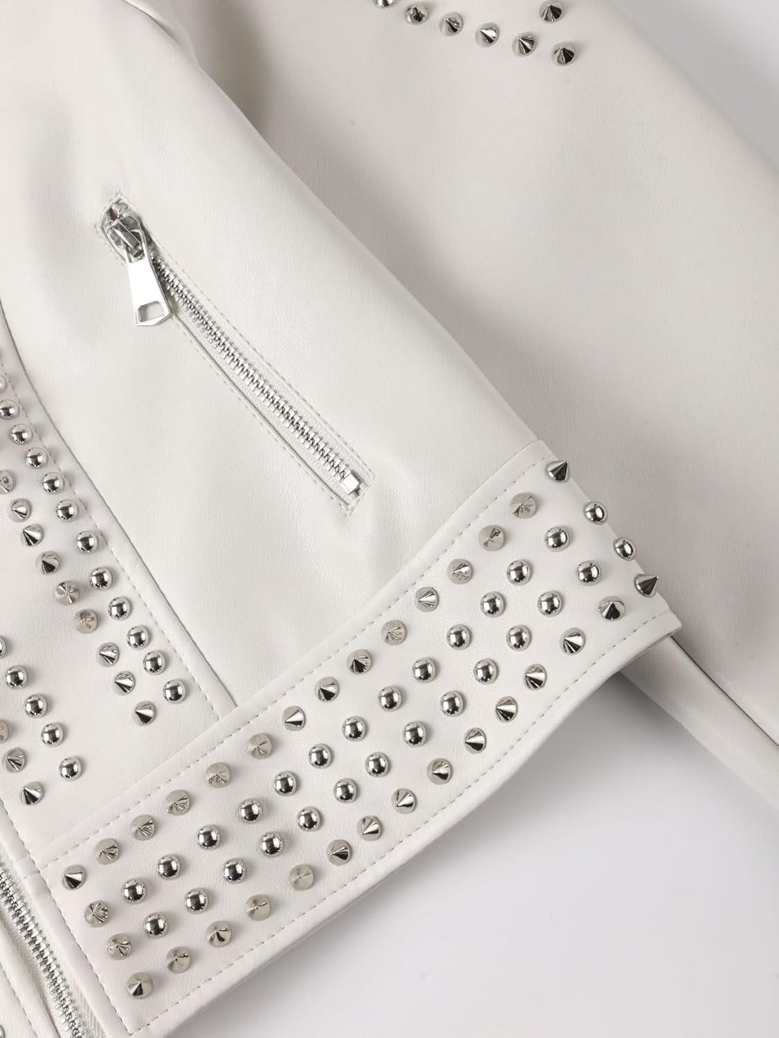 imageBellivera Womens Faux Leather Jacket Studded Rivet Casual Short Moto Biker Stand Collar CoatStand Collar White