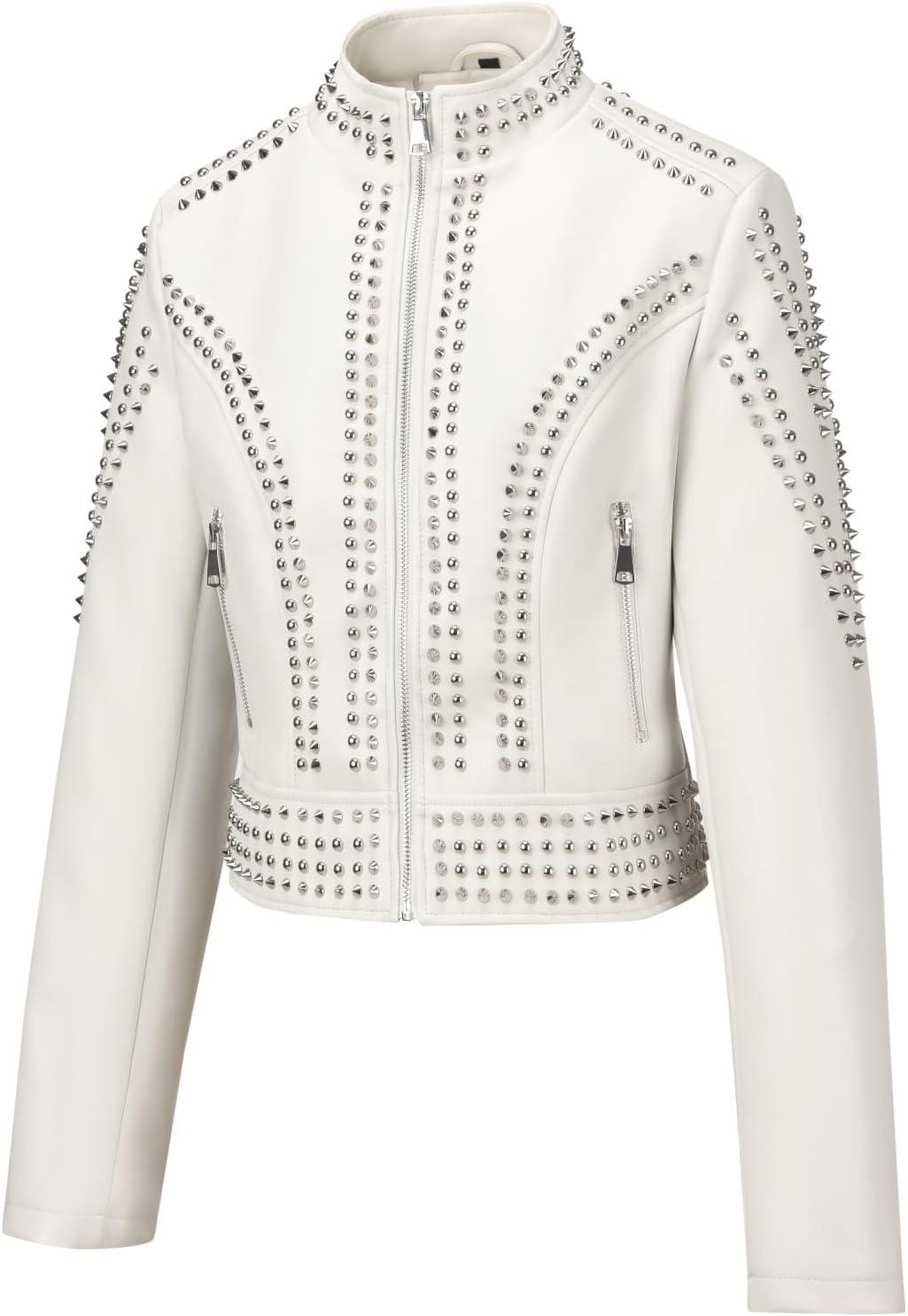 imageBellivera Womens Faux Leather Jacket Studded Rivet Casual Short Moto Biker Stand Collar CoatStand Collar White