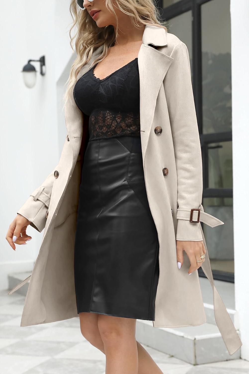 imageBellivera Womens Faux Suede Leather Jacket Spring and Winter Fashion Long Trench Coat Lightweight WindbreakerBeige