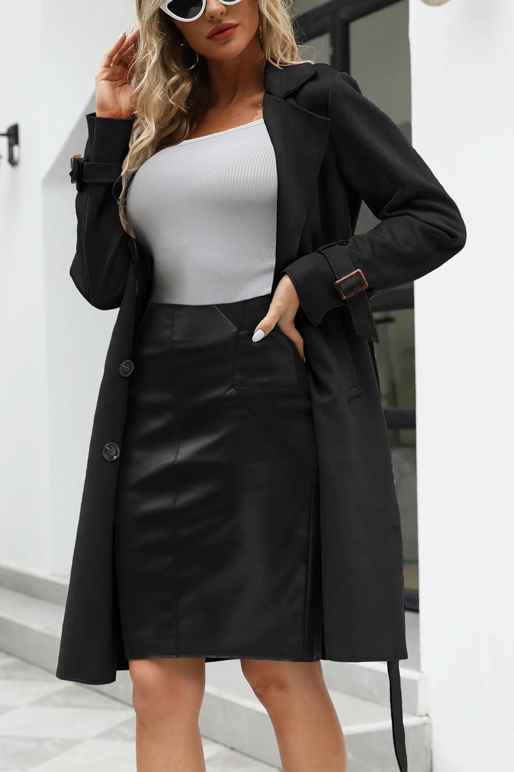 imageBellivera Womens Faux Suede Leather Jacket Spring and Winter Fashion Long Trench Coat Lightweight WindbreakerBlack