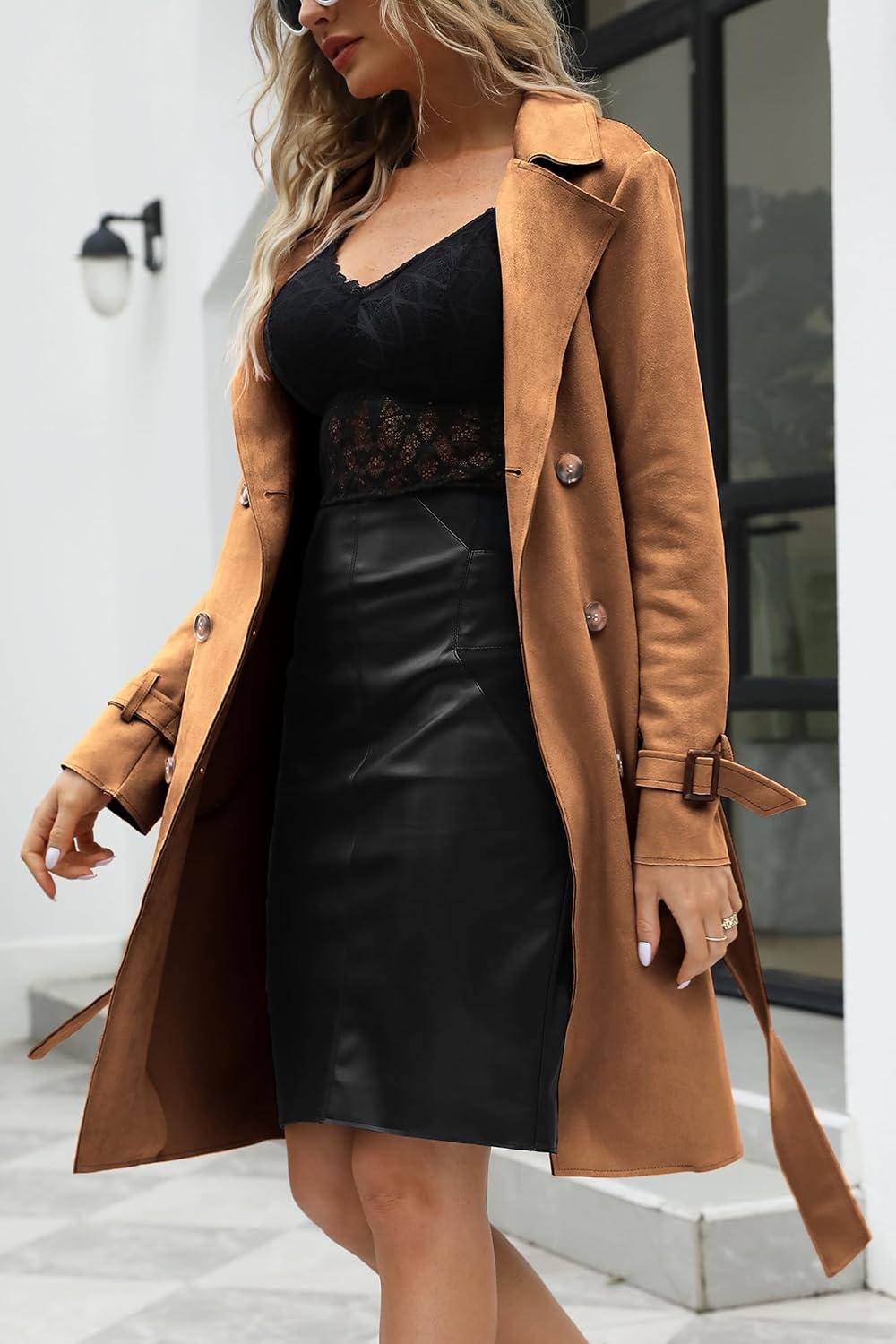 imageBellivera Womens Faux Suede Leather Jacket Spring and Winter Fashion Long Trench Coat Lightweight WindbreakerCamel