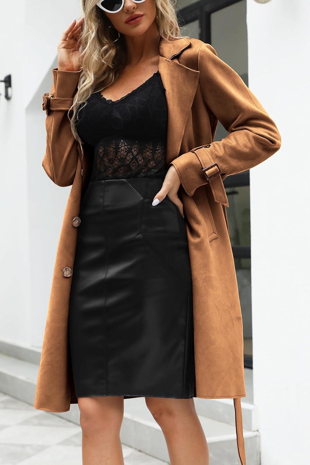 imageBellivera Womens Faux Suede Leather Jacket Spring and Winter Fashion Long Trench Coat Lightweight WindbreakerCamel