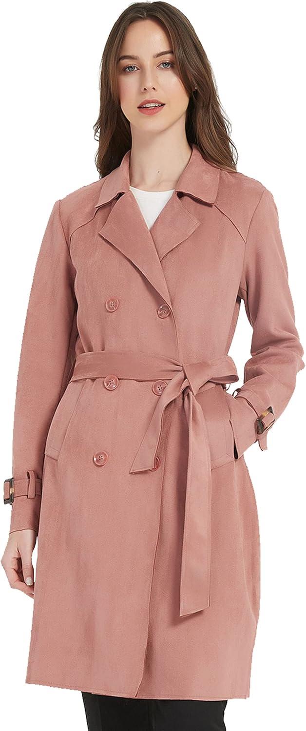 imageBellivera Womens Faux Suede Leather Jacket Spring and Winter Fashion Long Trench Coat Lightweight WindbreakerPink