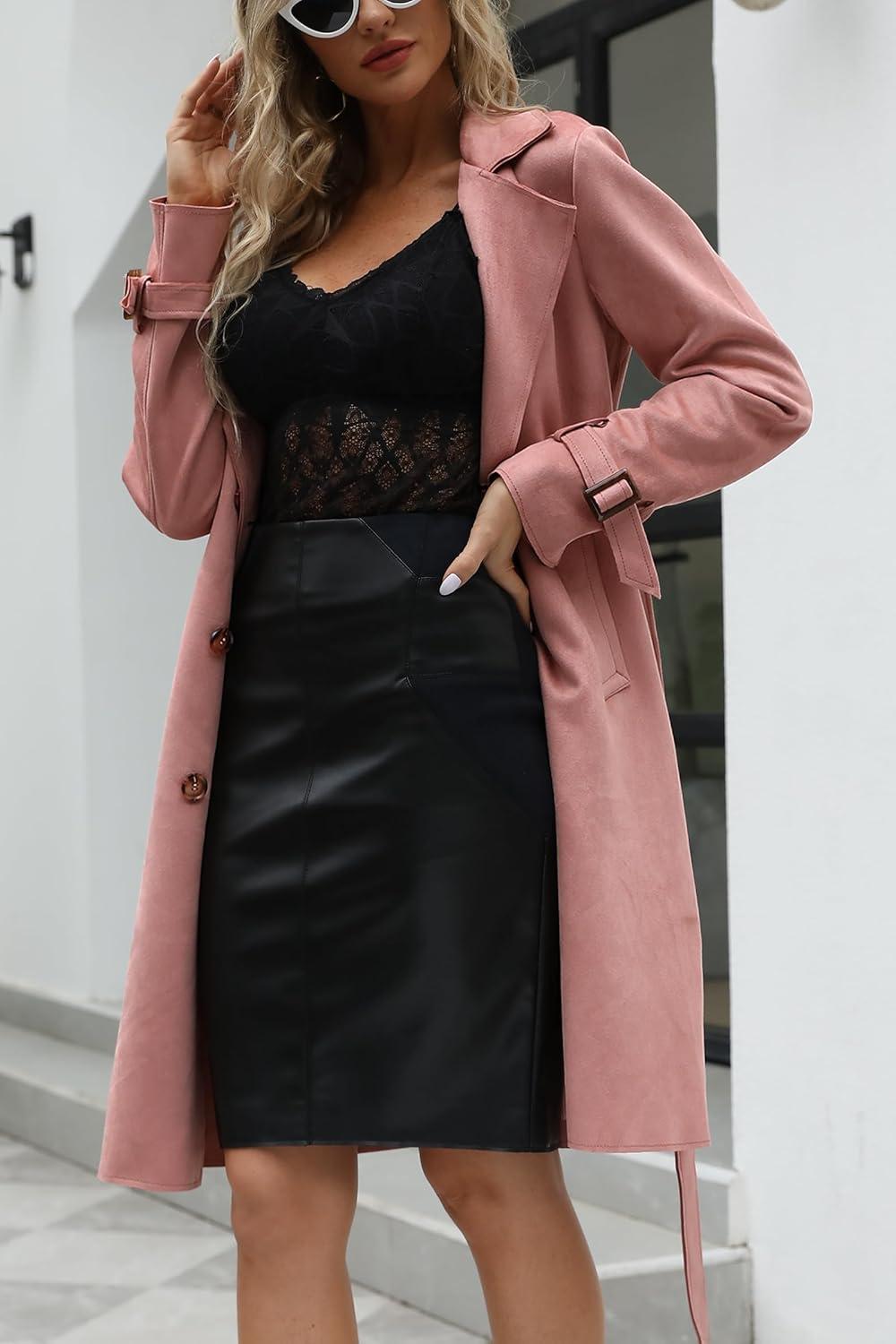 imageBellivera Womens Faux Suede Leather Jacket Spring and Winter Fashion Long Trench Coat Lightweight WindbreakerPink