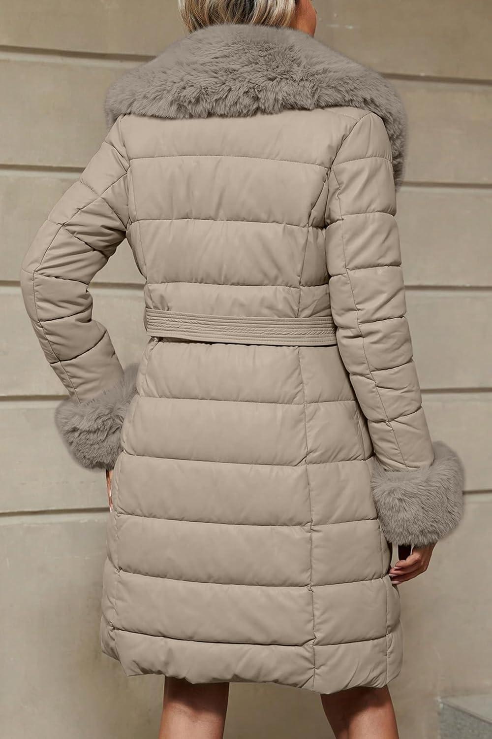 imageBellivera Womens Winter Puffer Jacket ColdResistant Patchwork Plush Lining Coat with Removable Fur Collar Hooded and BeltedBeige 13