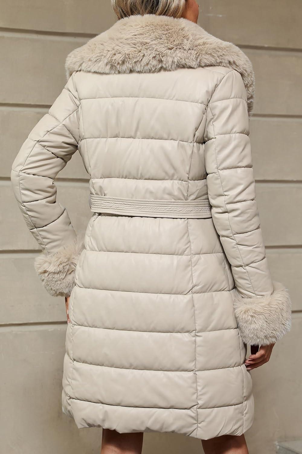 imageBellivera Womens Winter Puffer Jacket ColdResistant Patchwork Plush Lining Coat with Removable Fur Collar Hooded and BeltedBeigegrey13