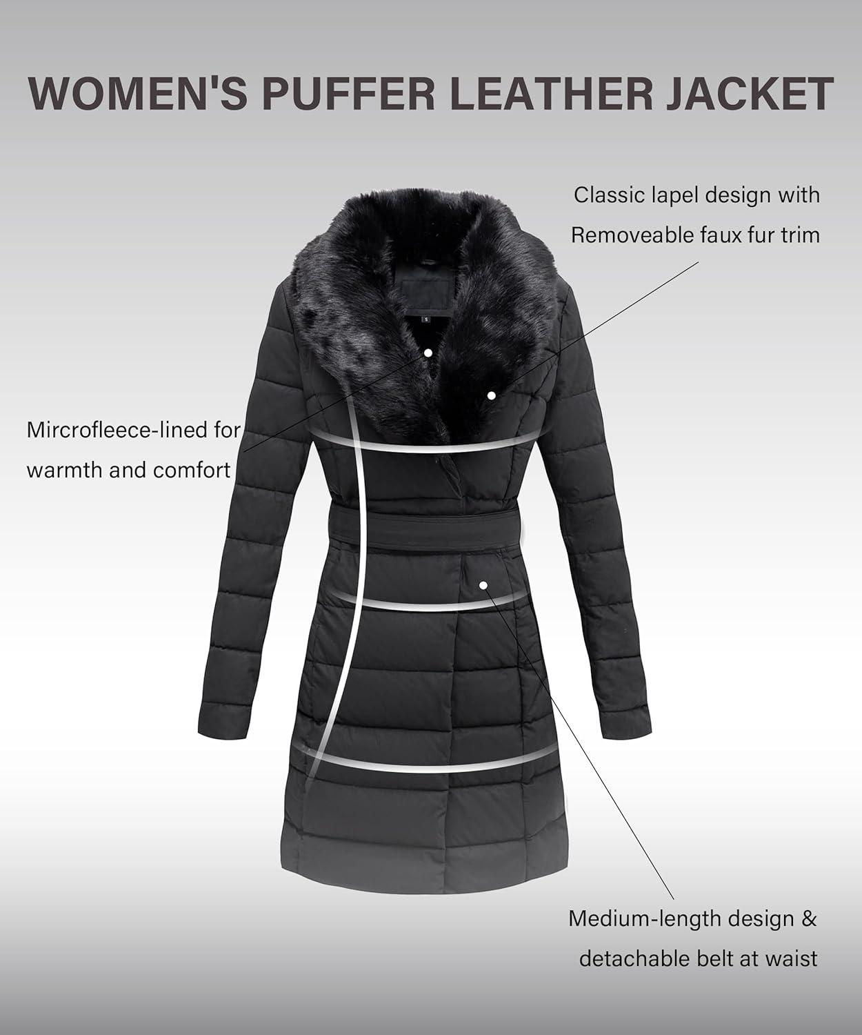 imageBellivera Womens Winter Puffer Jacket ColdResistant Patchwork Plush Lining Coat with Removable Fur Collar Hooded and BeltedBlack