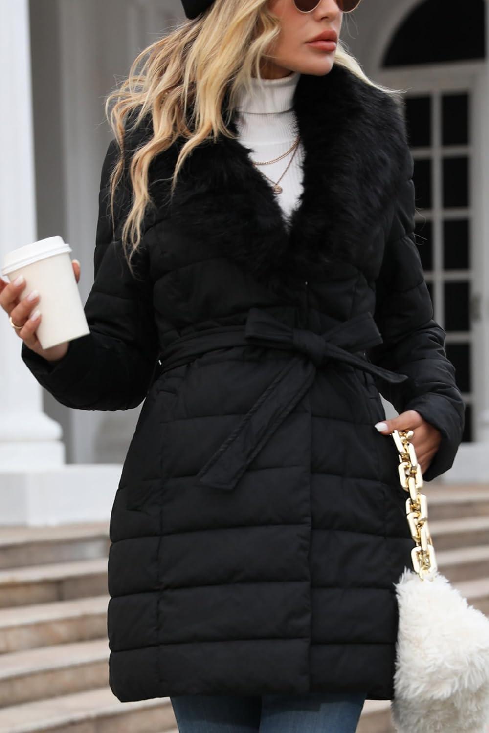 imageBellivera Womens Winter Puffer Jacket ColdResistant Patchwork Plush Lining Coat with Removable Fur Collar Hooded and BeltedBlack