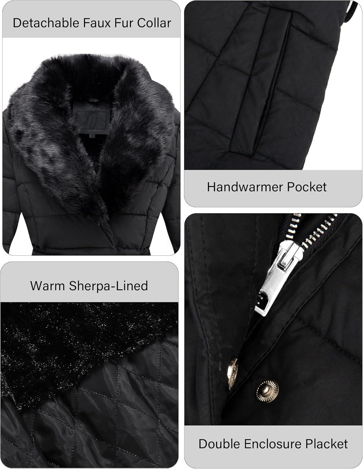 imageBellivera Womens Winter Puffer Jacket ColdResistant Patchwork Plush Lining Coat with Removable Fur Collar Hooded and BeltedBlack