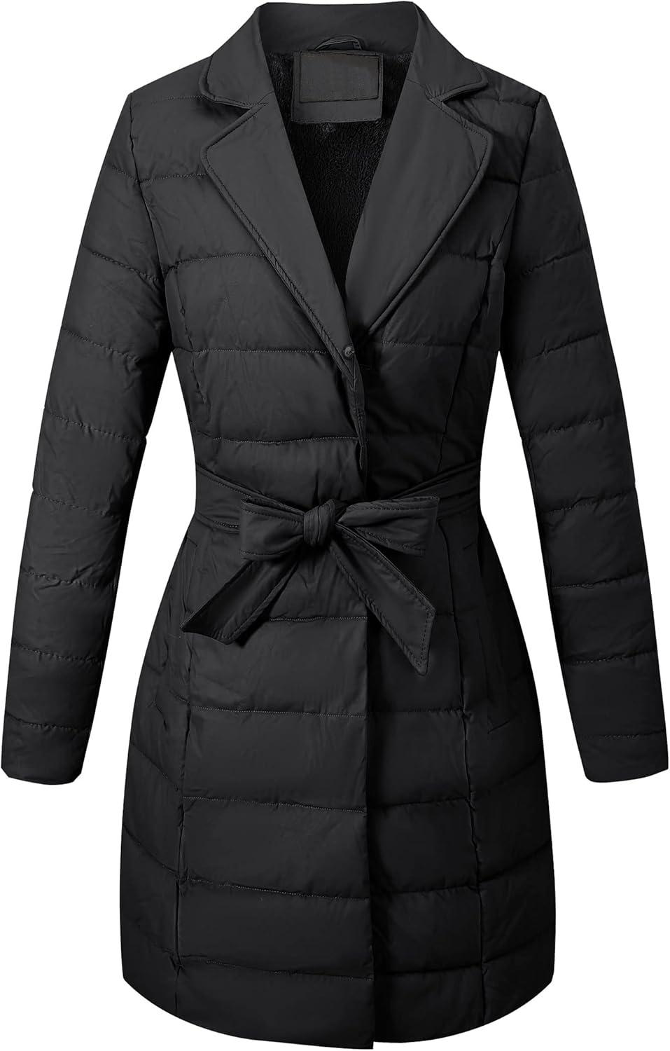 imageBellivera Womens Winter Puffer Jacket ColdResistant Patchwork Plush Lining Coat with Removable Fur Collar Hooded and BeltedBlack