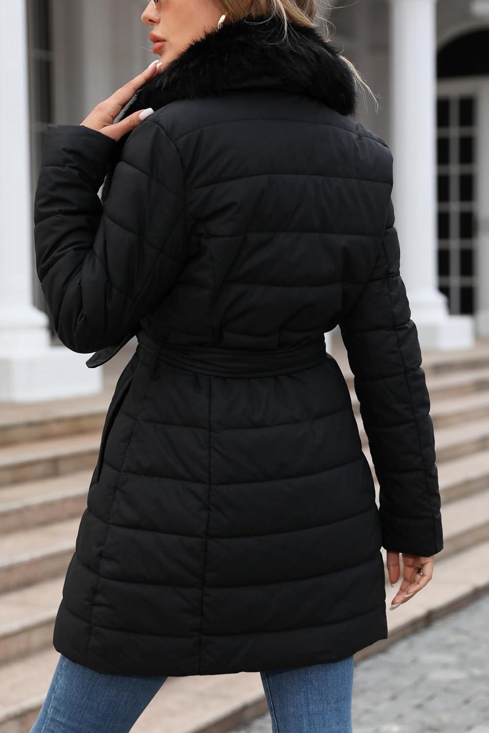 imageBellivera Womens Winter Puffer Jacket ColdResistant Patchwork Plush Lining Coat with Removable Fur Collar Hooded and BeltedBlack