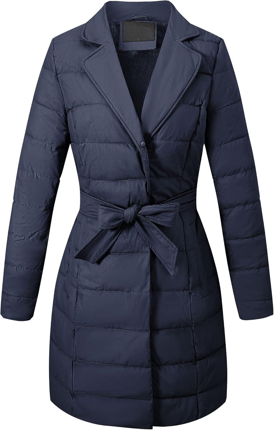 imageBellivera Womens Winter Puffer Jacket ColdResistant Patchwork Plush Lining Coat with Removable Fur Collar Hooded and BeltedBlue