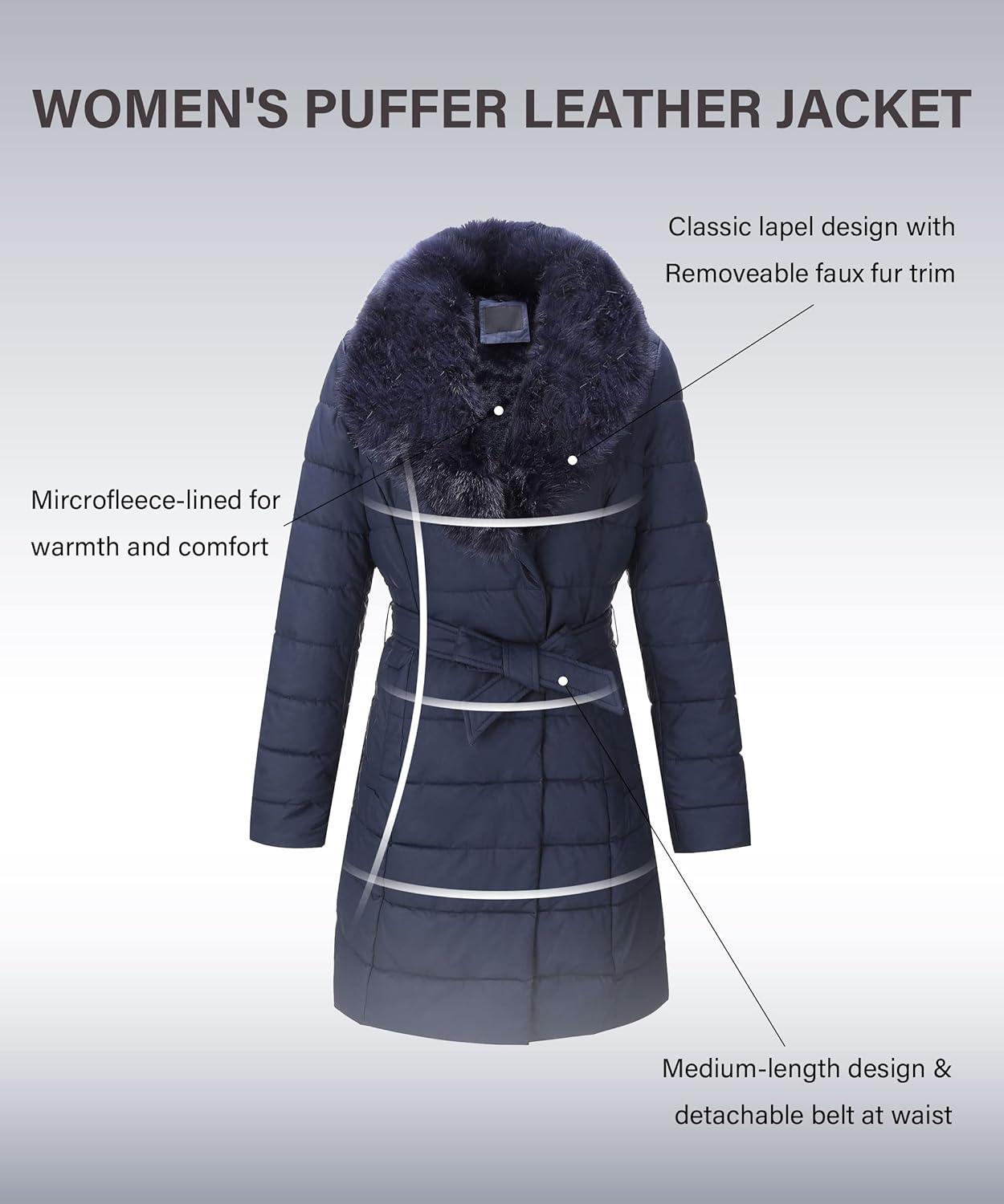 imageBellivera Womens Winter Puffer Jacket ColdResistant Patchwork Plush Lining Coat with Removable Fur Collar Hooded and BeltedBlue