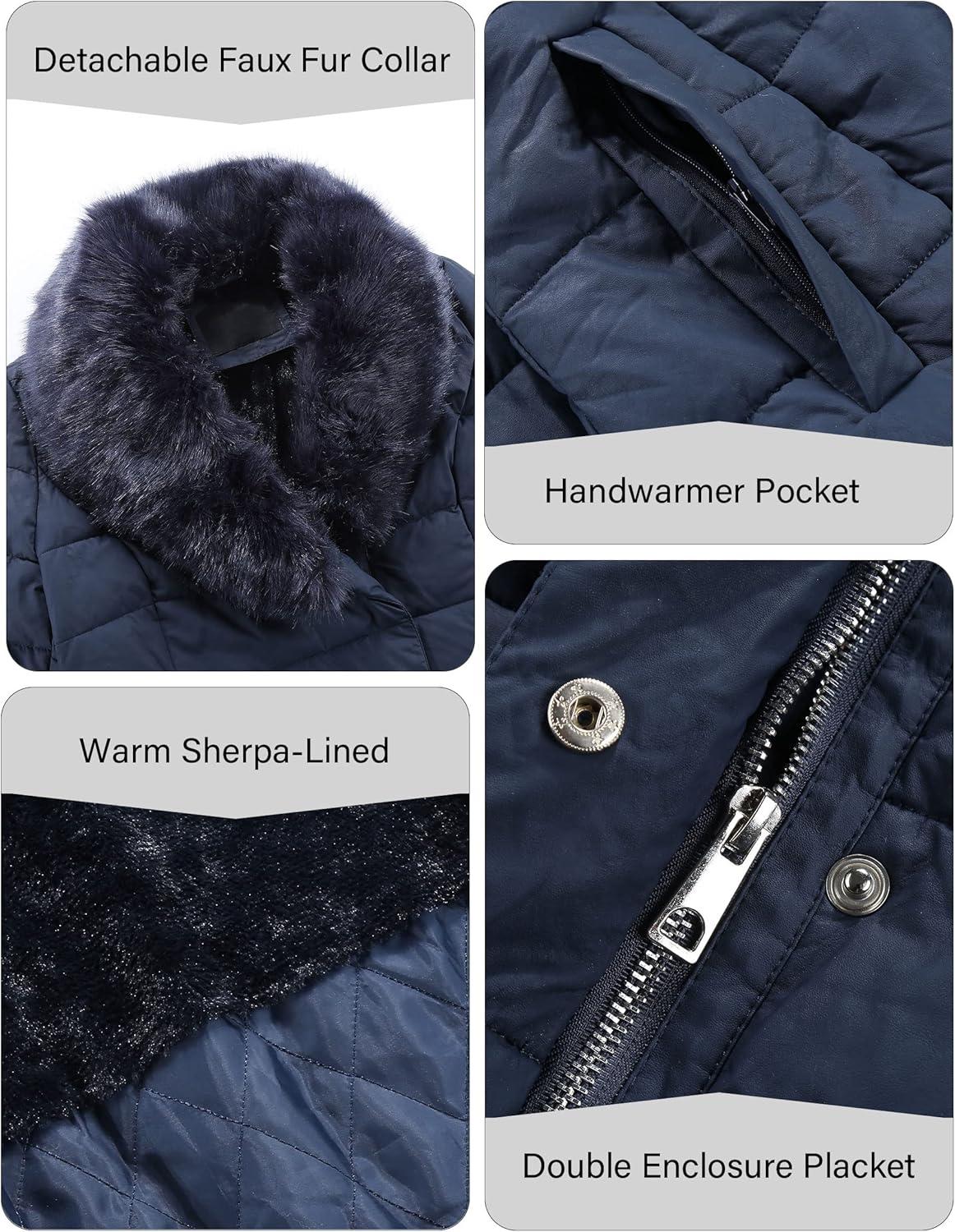 imageBellivera Womens Winter Puffer Jacket ColdResistant Patchwork Plush Lining Coat with Removable Fur Collar Hooded and BeltedBlue